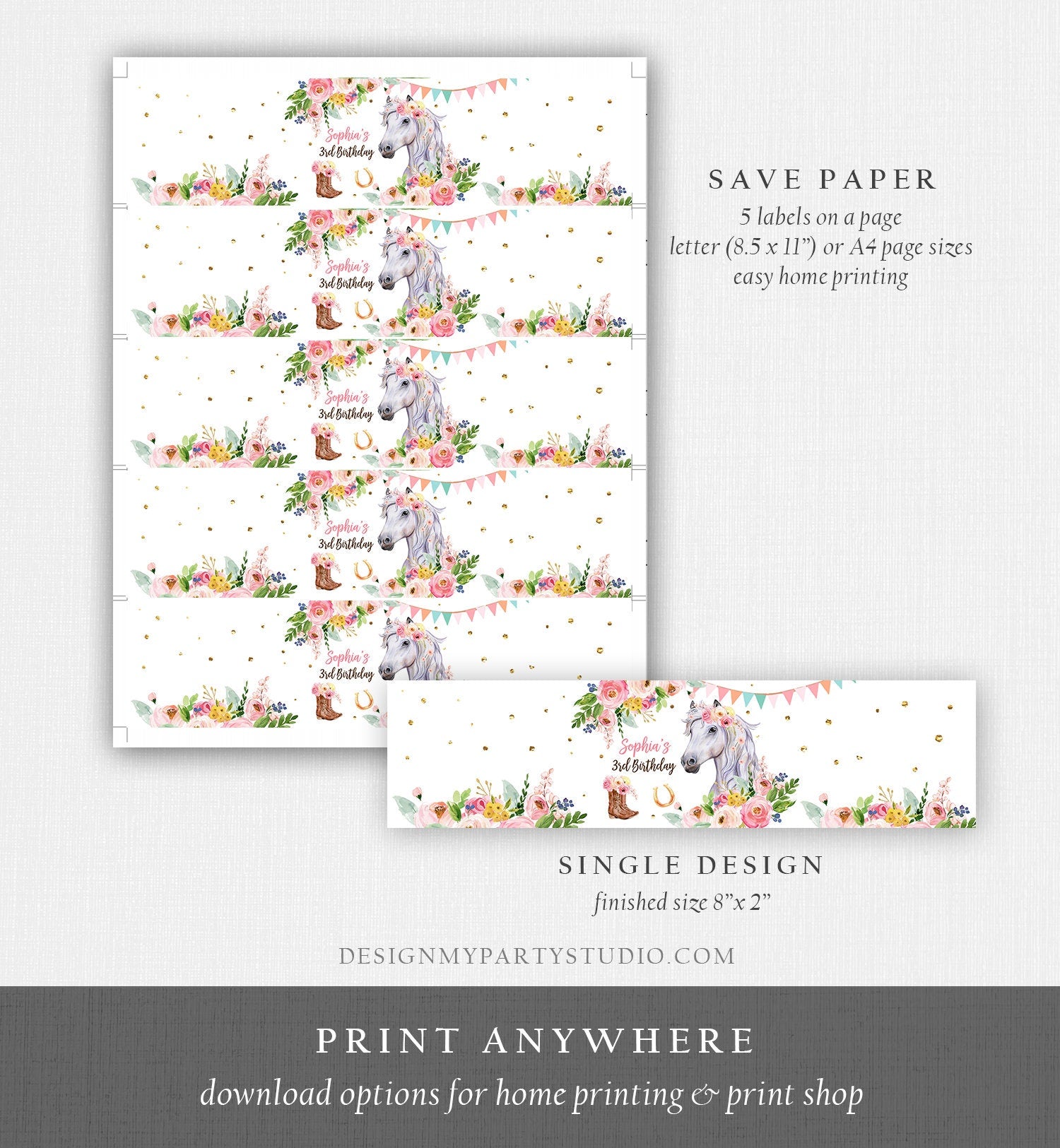 Editable Horse Water Bottle Labels Horse Birthday Decor Cowgirl Pony Party Saddle Up Floral Pink Digital Download Template Printable 0408