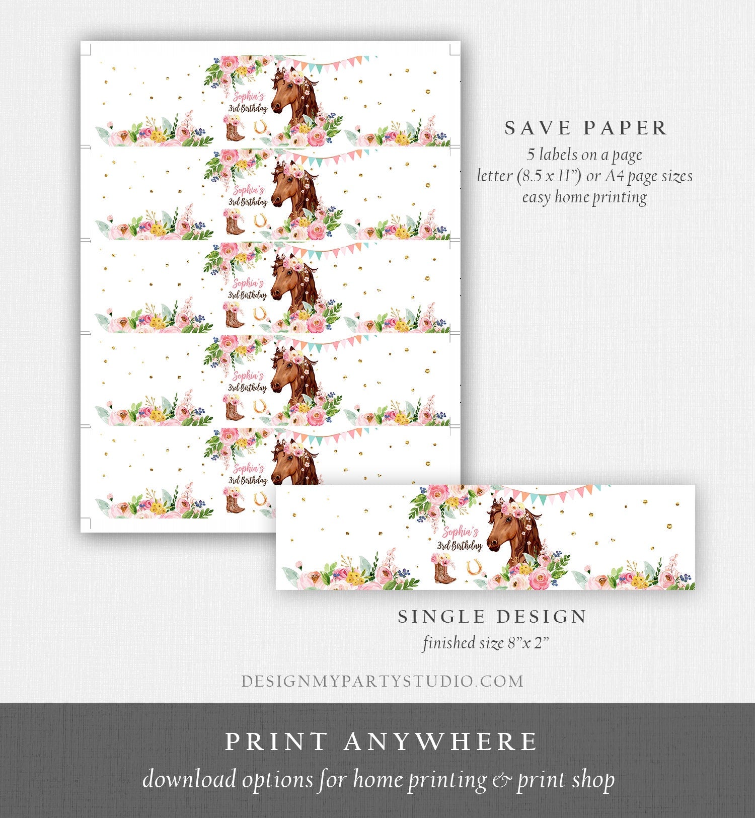 Editable Horse Water Bottle Labels Horse Birthday Decor Cowgirl Pony Party Saddle Up Floral Pink Printable Bottle Label Template Corjl 0408