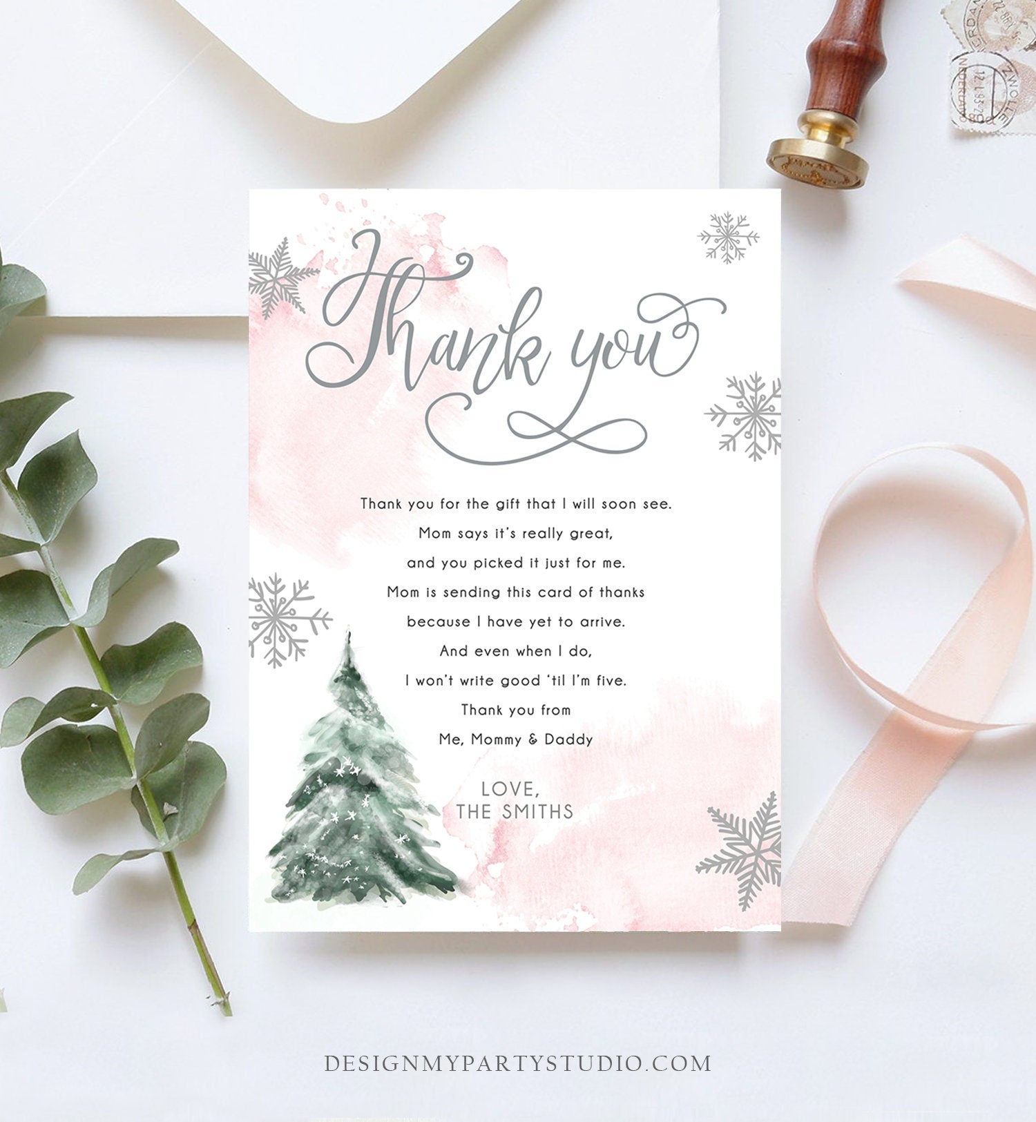 Editable Winter Tree Thank You Card Watercolor Baby Its Cold Outside Baby Shower Pink Girl Gender Neutral Snow Template Download Corjl 0363
