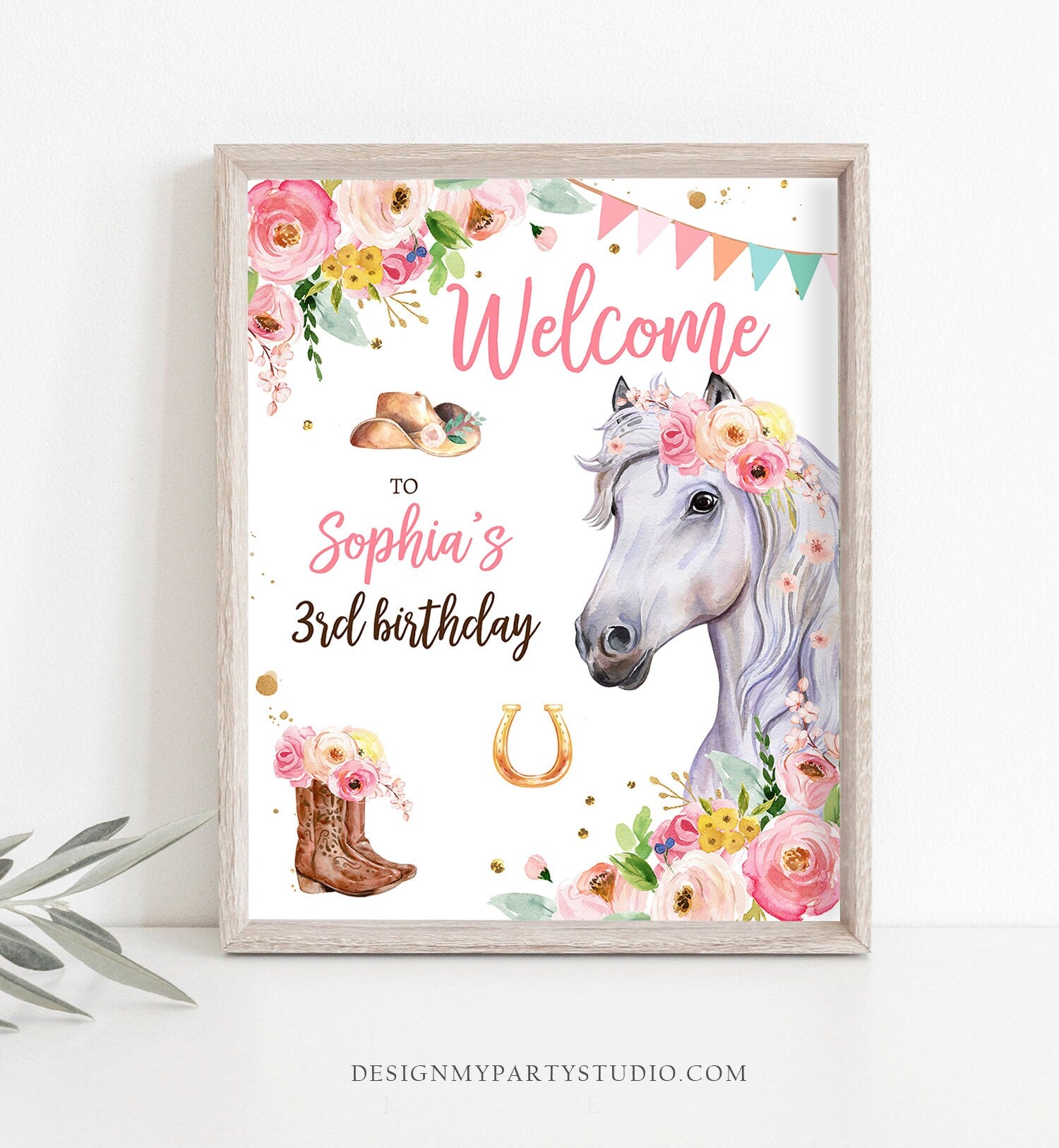 Editable Horse Birthday Welcome Sign Pony Birthday Welcome Sign Cowgirl Party Floral Girl Horse Digital Download Template Printable 0408