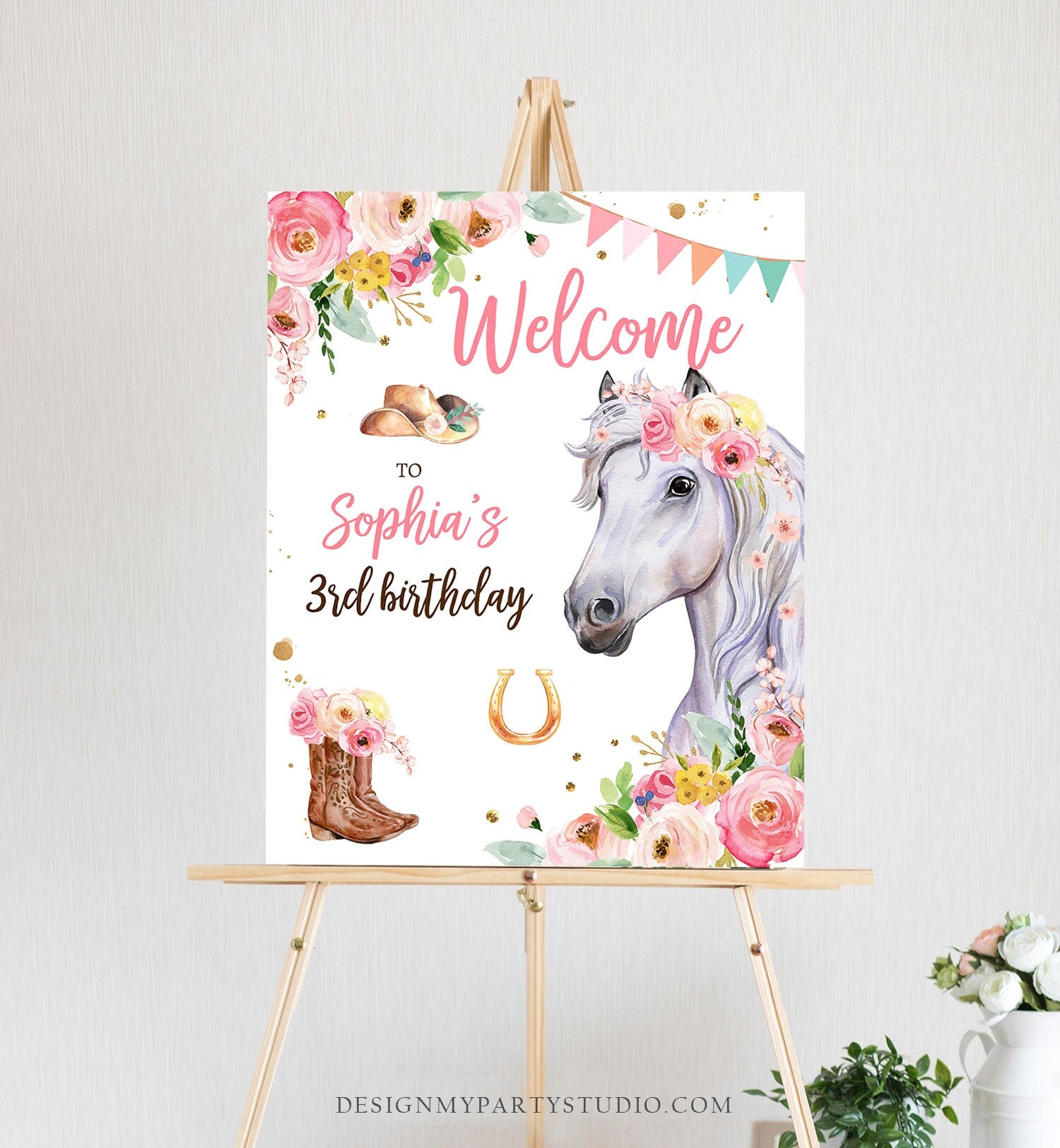 Editable Horse Birthday Welcome Sign Pony Birthday Welcome Sign Cowgirl Party Floral Girl Horse Digital Download Template Printable 0408