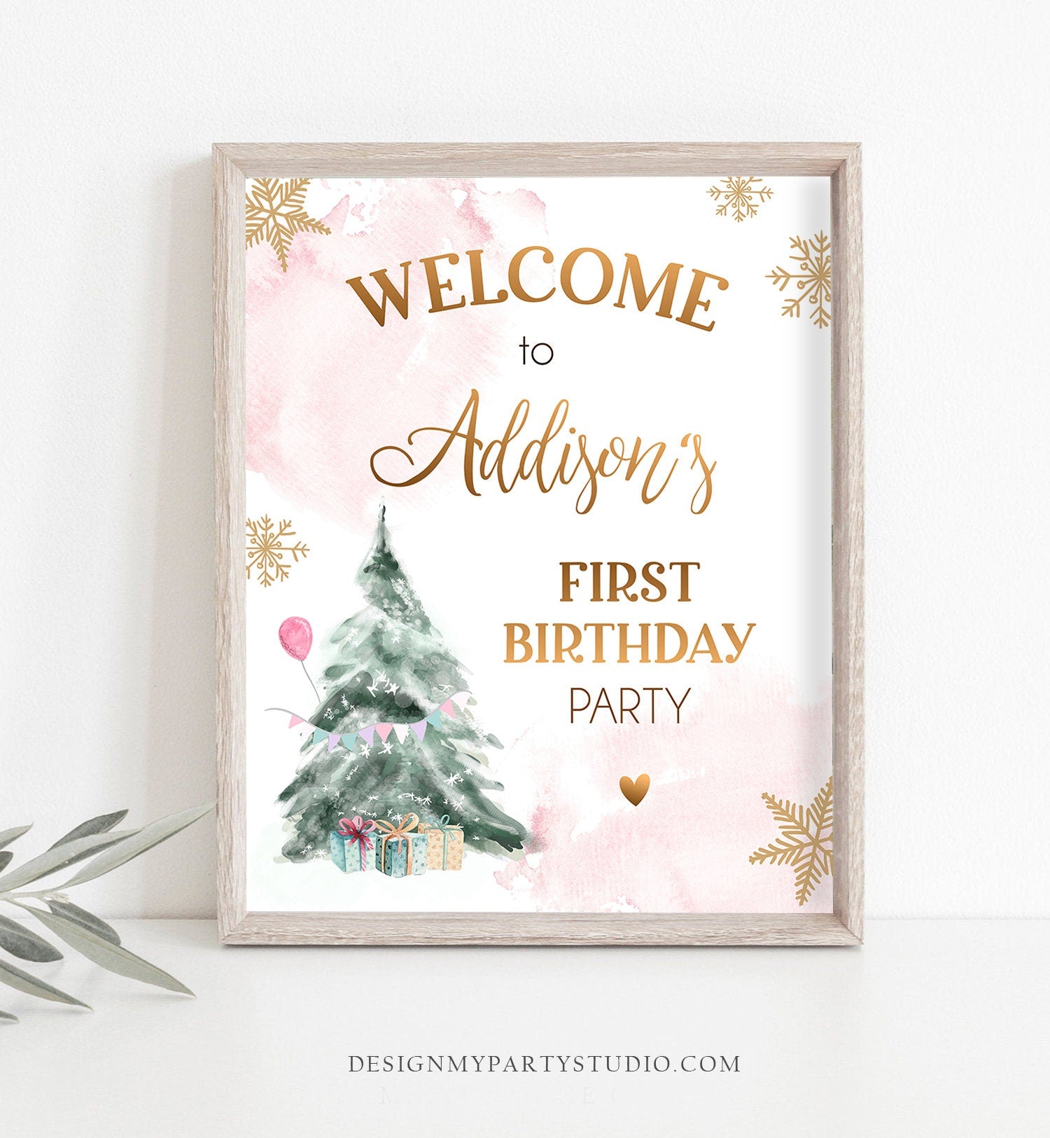 Editable Winter Onederland Welcome Sign Tree Watercolor First Birthday Girl Pink Snowflake Wonderland Digital Template Printable 0363