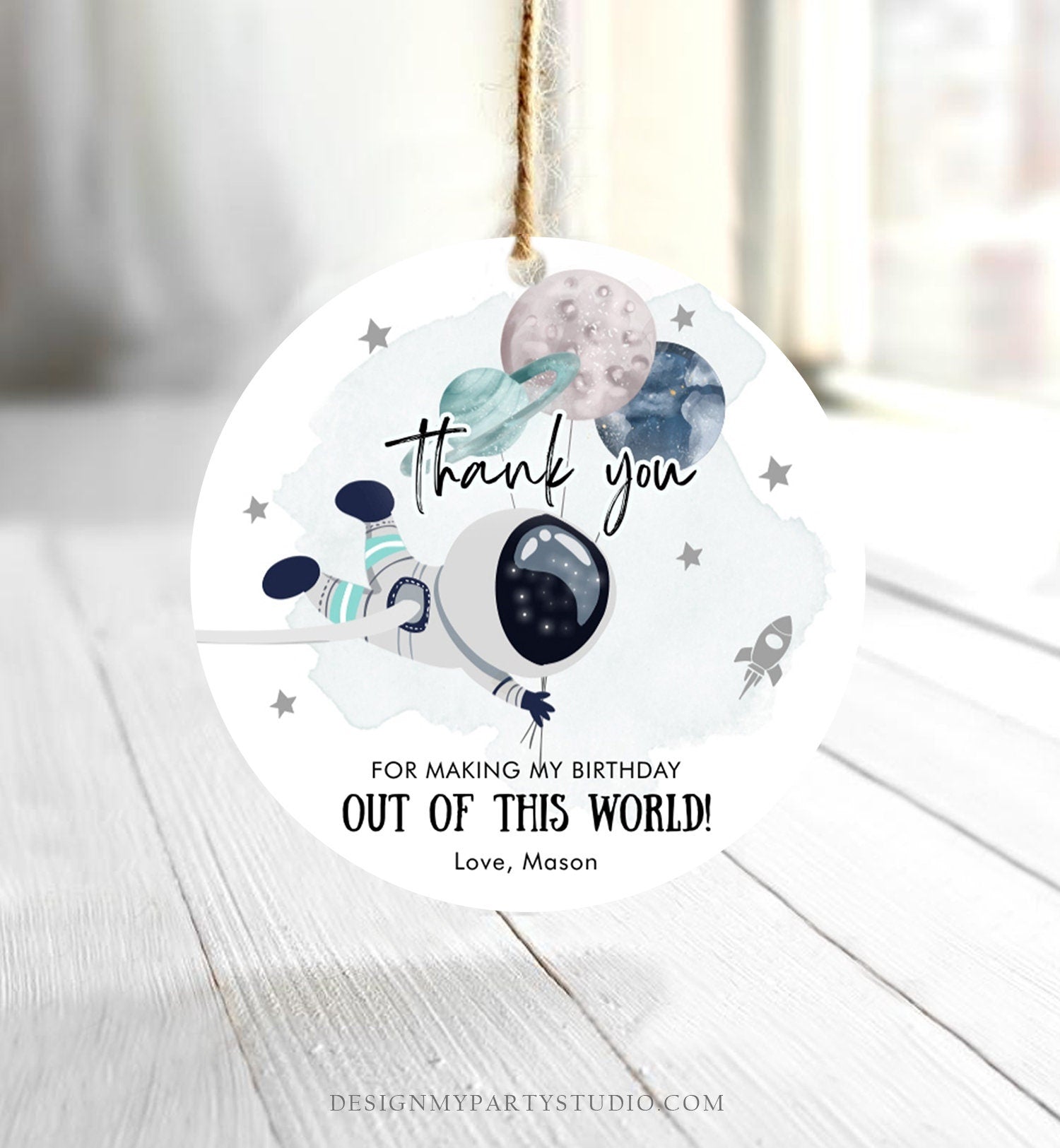 Editable Outer Space Favor Tags Astronaut Birthday Thank You Sticker Blue Boy Gift Trip Out Of World Planets Digital Template Printable 0366
