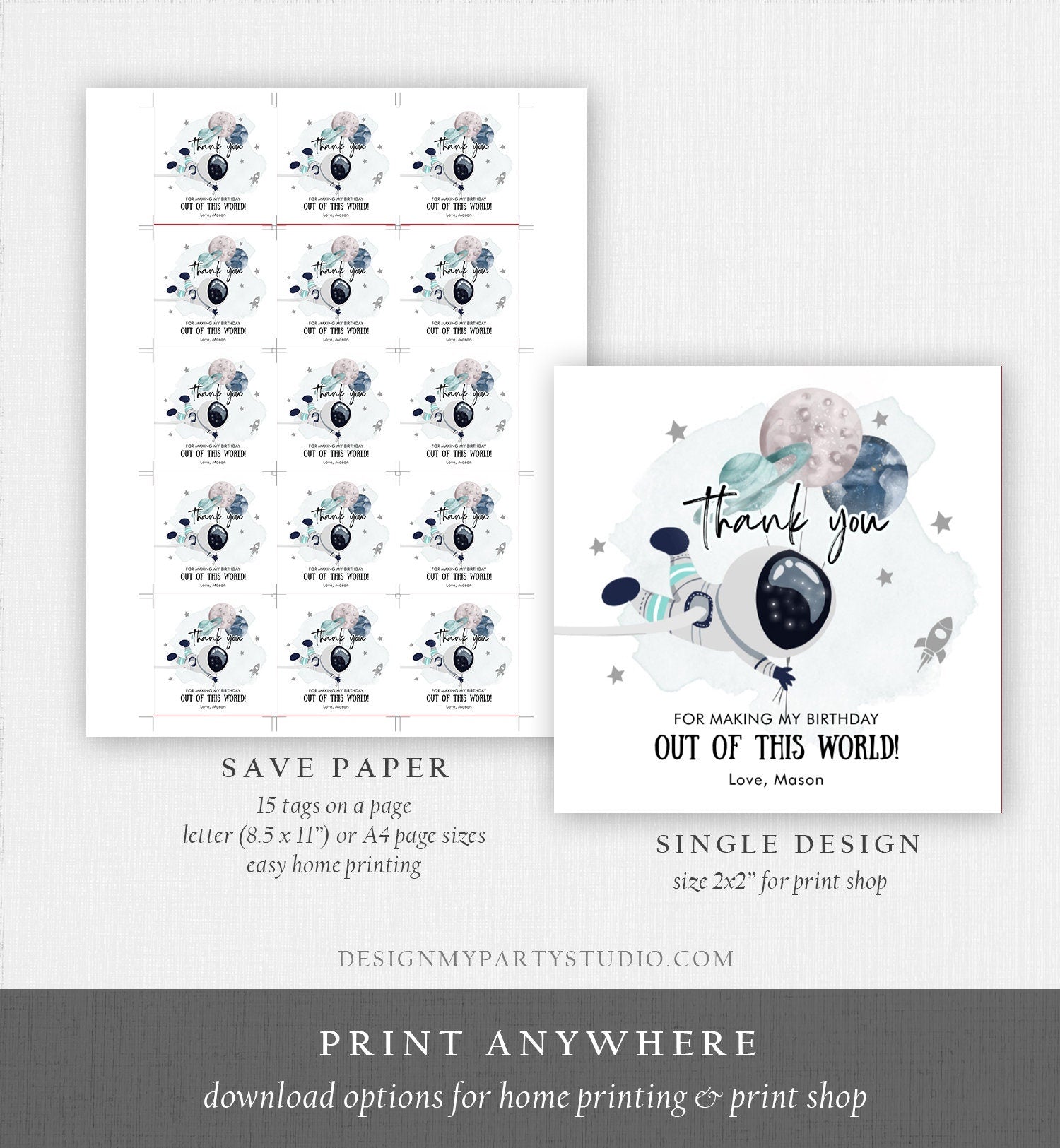 Editable Outer Space Favor Tags Astronaut Birthday Thank You Sticker Blue Boy Gift Trip Out Of World Planets Digital Template Printable 0366