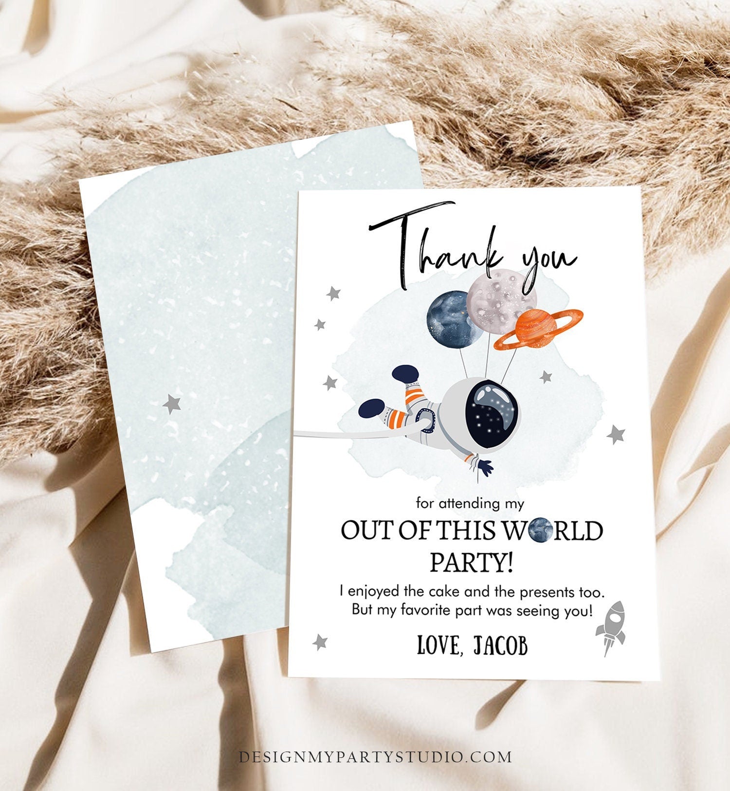 Editable Space Birthday Thank You Card Space Astronaut Thank You Note Planets Boy Orange Digital Download Template Printable 0366