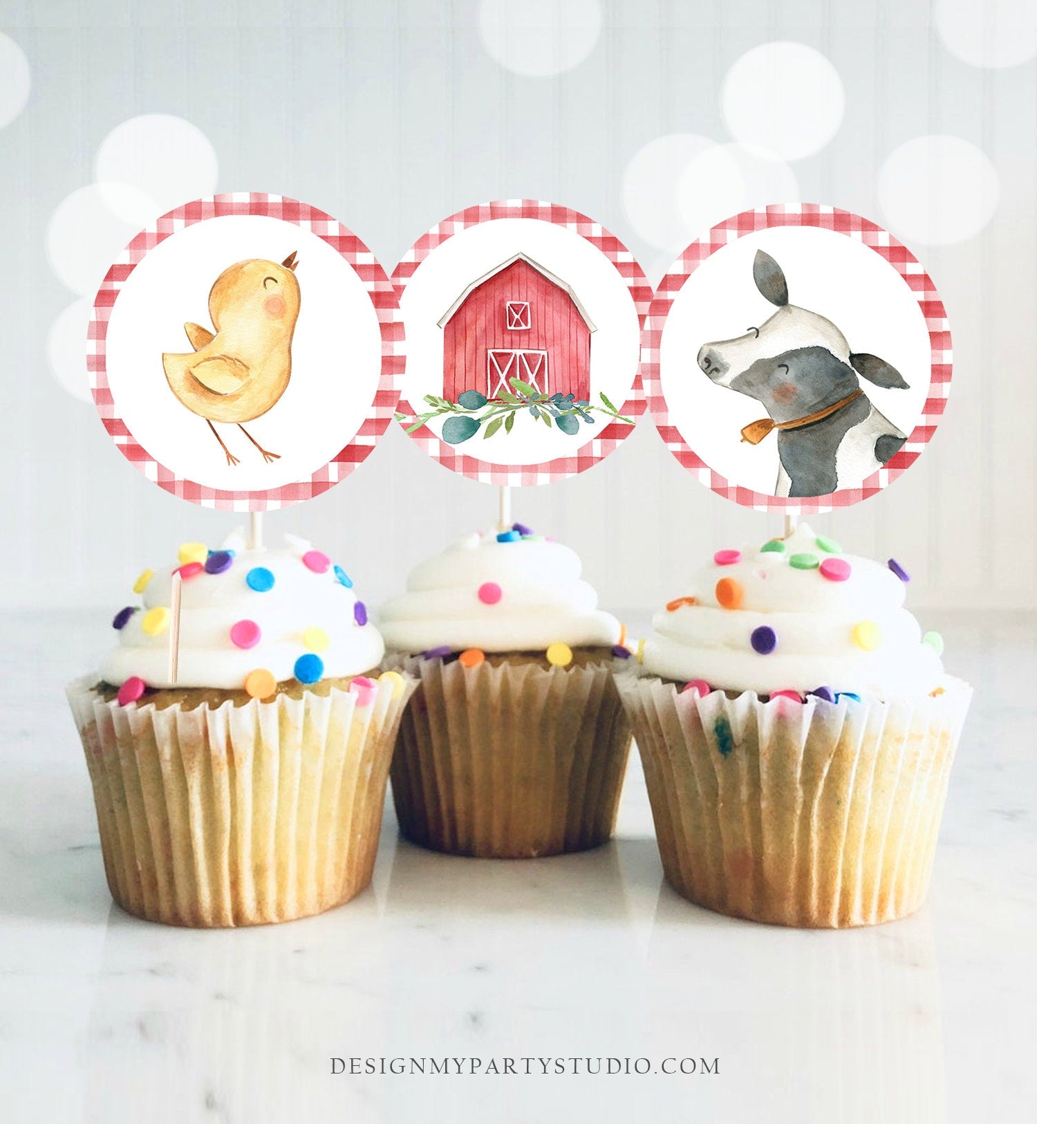 Barnyard Birthday Cupcake Toppers Favor Tags Farm Baby Shower Boy Decoration Red Farm Animals Stickers Digital Download Printable 0155