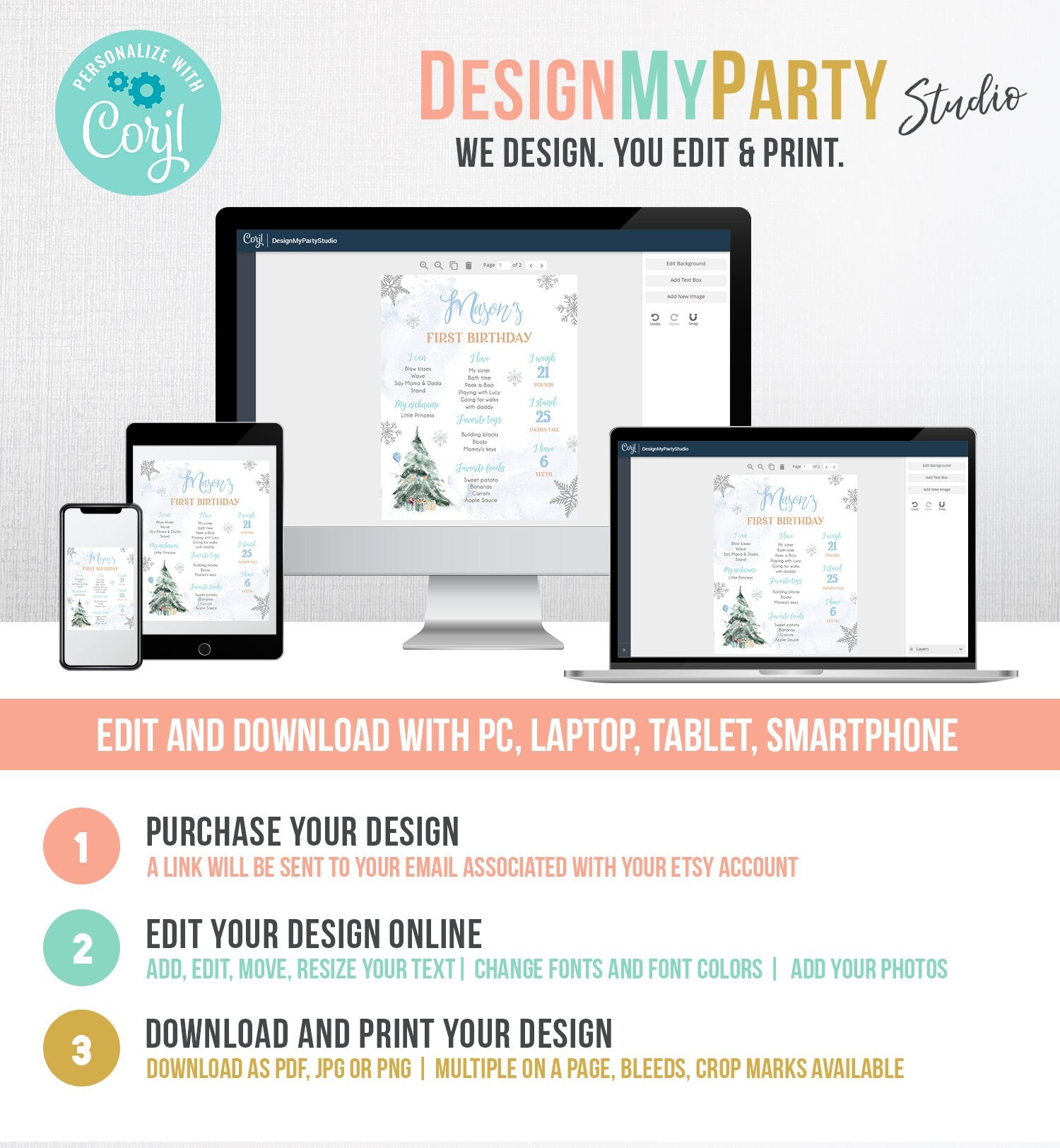 Editable Winter Tree Birthday Milestones Sign Onederland Watercolor First Birthday Blue Boy Snowflakes Digital Template Printable 0363