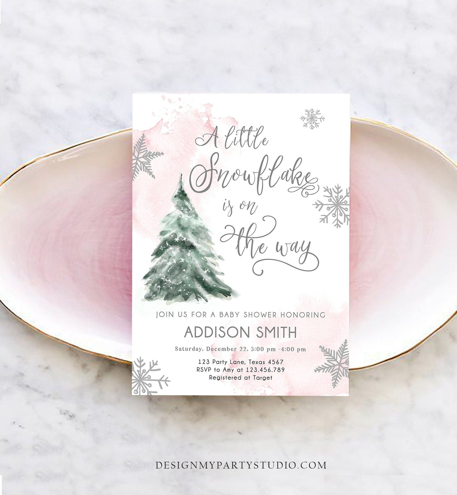 Editable A Little Snowflake is on the Way Baby Shower Invitation Winter Girl Blush Pink Snow Watercolor Tree Download Corjl Template 0363