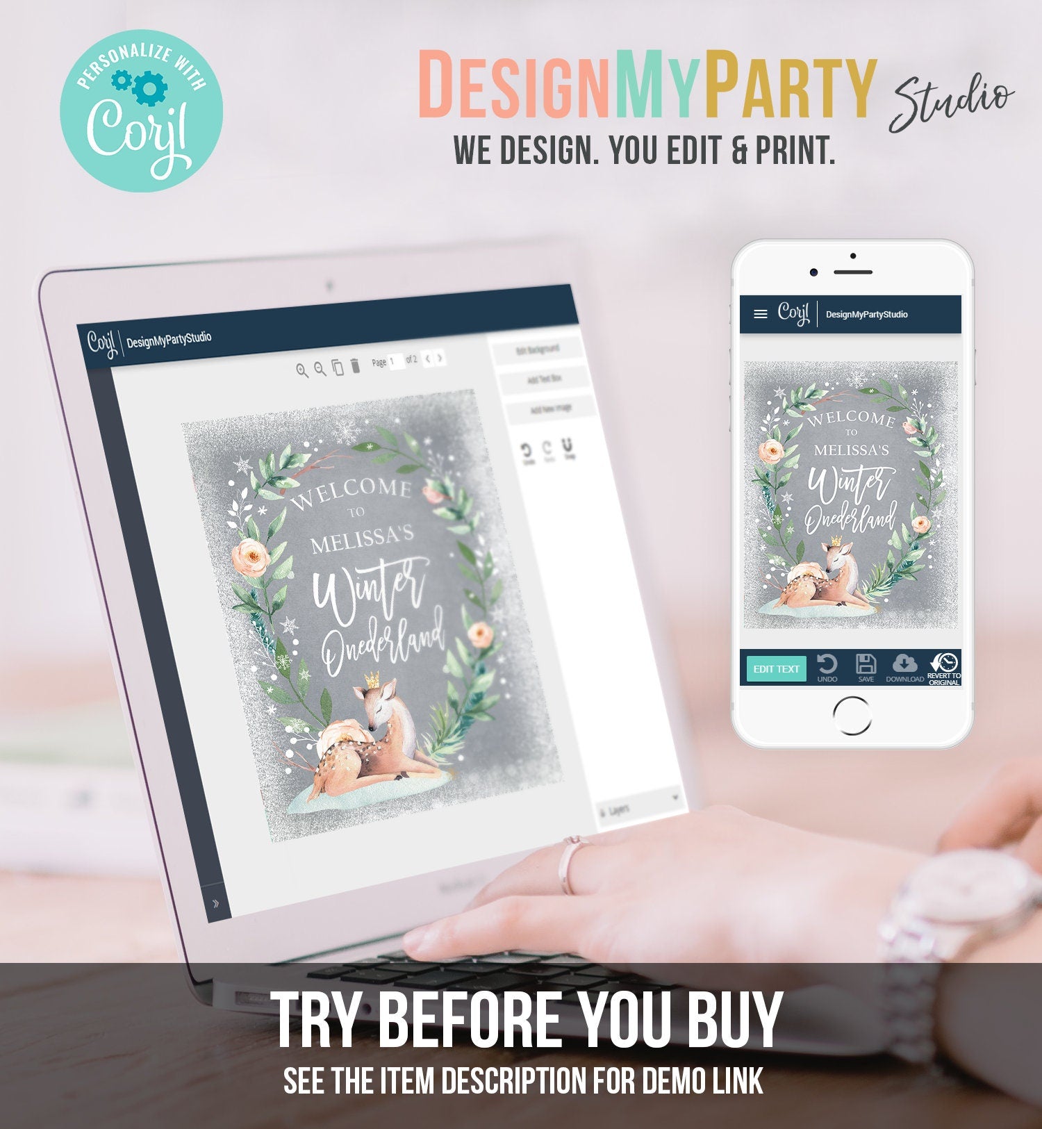 Editable Winter Deer Birthday Welcome Sign Winter Onederland Girl Pink Gold Christmas Snow Party Holiday Digital Template Printable 0265