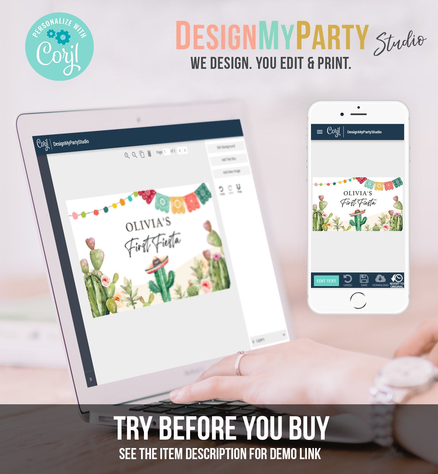 Editable First Fiesta Birthday Backdrop Banner Mexican Cactus Succulent Desert Floral Girl Shower Digital Download Template Printable 0404