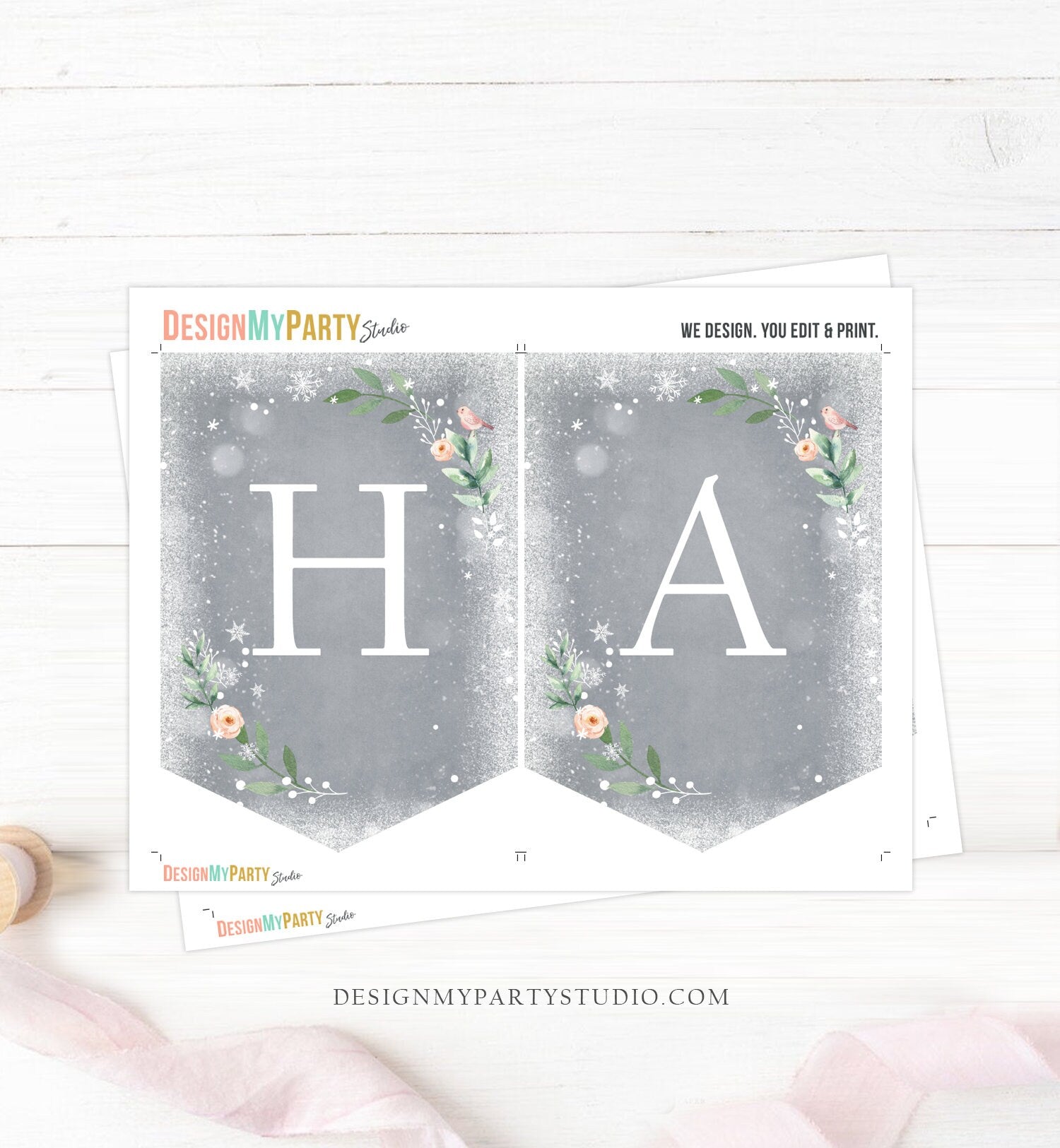 Happy Birthday Banner Winter Onederland Deer Decor Banner Winter Woodland Girl Pink Gold Floral Instant Digital Download Printable 0265