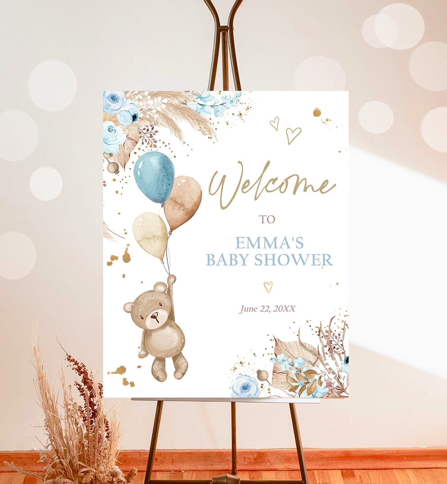 Editable Boho Teddy Bear Welcome Sign Bear Baby Shower Boy Bearly Wait Baby Shower Pampas Grass Bohemian Digital Template Printable 0421