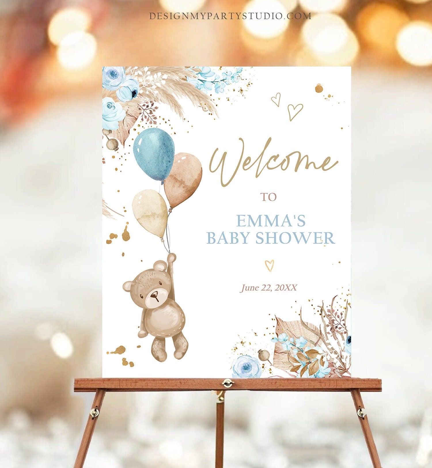 Editable Boho Teddy Bear Welcome Sign Bear Baby Shower Boy Bearly Wait Baby Shower Pampas Grass Bohemian Digital Template Printable 0421