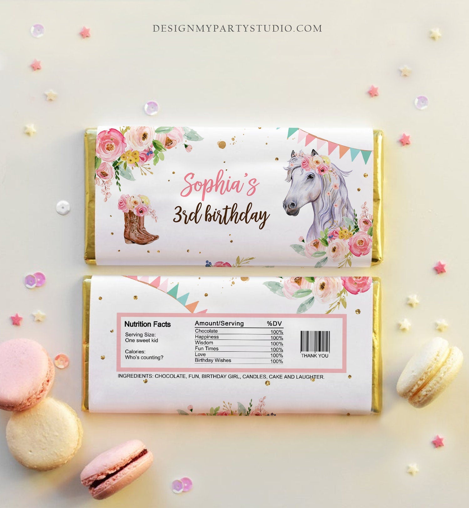 Editable Horse Chocolate Bar Labels Candy Bar Wrapper Horse Birthday Cowgirl Floral Girl Saddle Up Digital Download Template Printable 0408