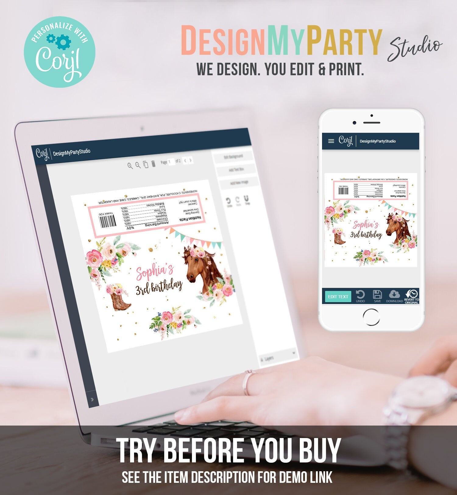 Editable Horse Chocolate Bar Labels Candy Bar Wrapper Horse Birthday Cowgirl Floral Girl Saddle Up Digital Download Template Printable 0408