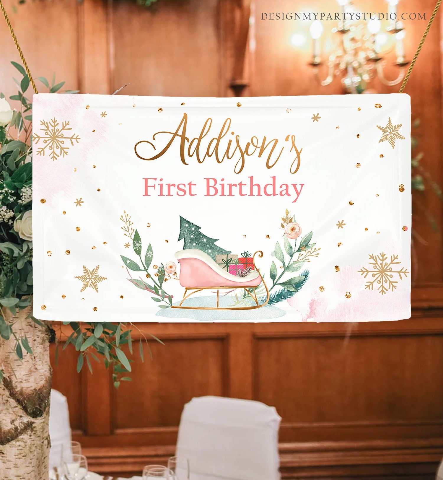 Editable Winter Birthday Backdrop Banner Pink Gold Winter Onederland Decor Girl Sleigh Christmas Digital Download Template Printable 0353