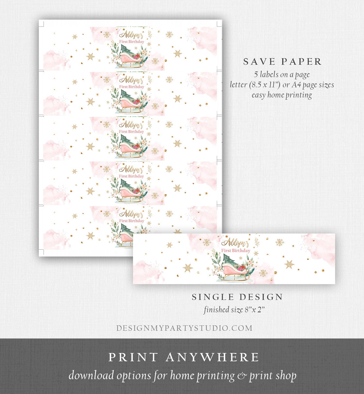 Editable Winter Water Bottle Labels Winter Onederland Party Decor Girl Birthday Sleigh Pink Christmas Digital Template Printable 0353