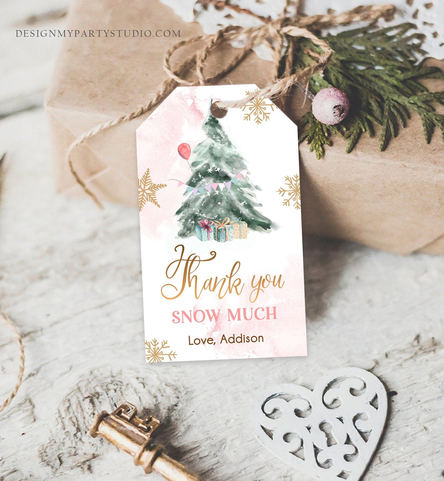 Editable Winter Tree Favor Tag Winter Onederland Pink Girl Christmas Thank You Snow Much Shower Birthday Digital Template Printable 0363