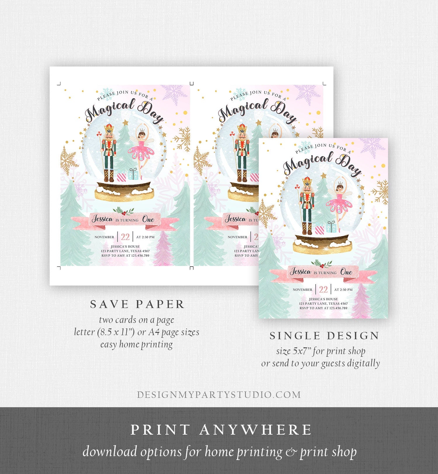 Editable Nutcracker Birthday Invitation Girl Land of Sweets Winter Pink Girl Sugar Plum Fairy Digital Download Evite Template Printable 0352