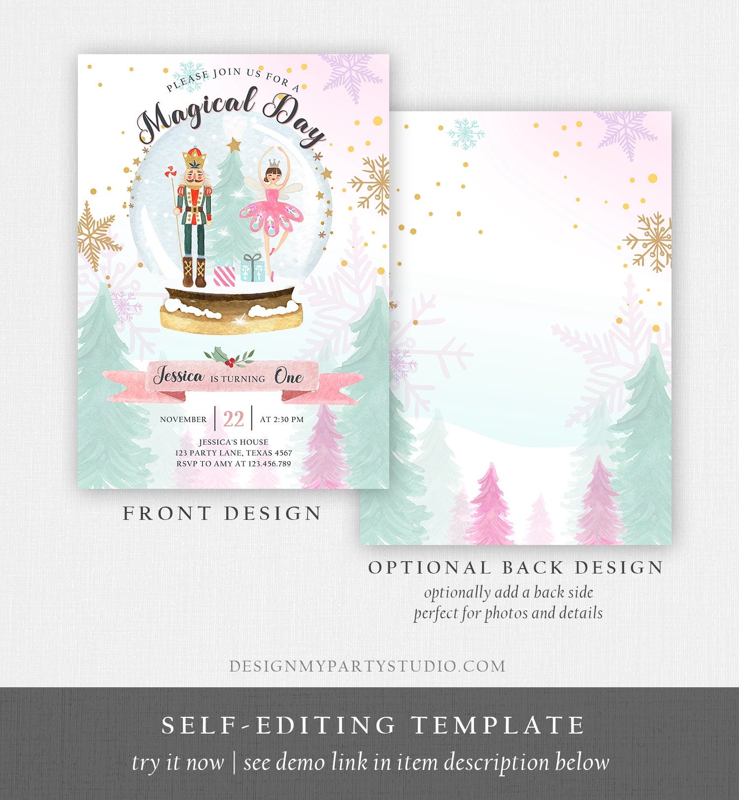 Editable Nutcracker Birthday Invitation Girl Land of Sweets Winter Pink Girl Sugar Plum Fairy Digital Download Evite Template Printable 0352
