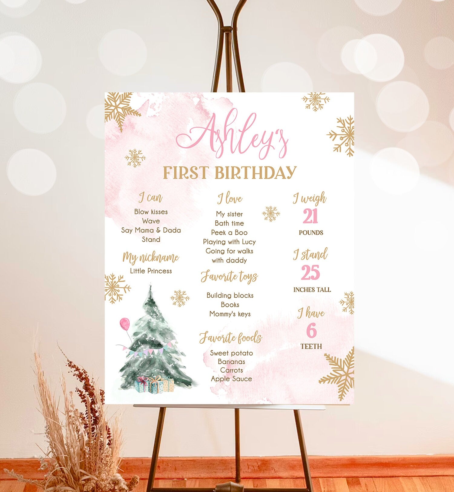 Editable Winter Tree Birthday Milestones Sign Winter Onederland Watercolor First Birthday Girl Gold Pink Digital Template Printable 0363