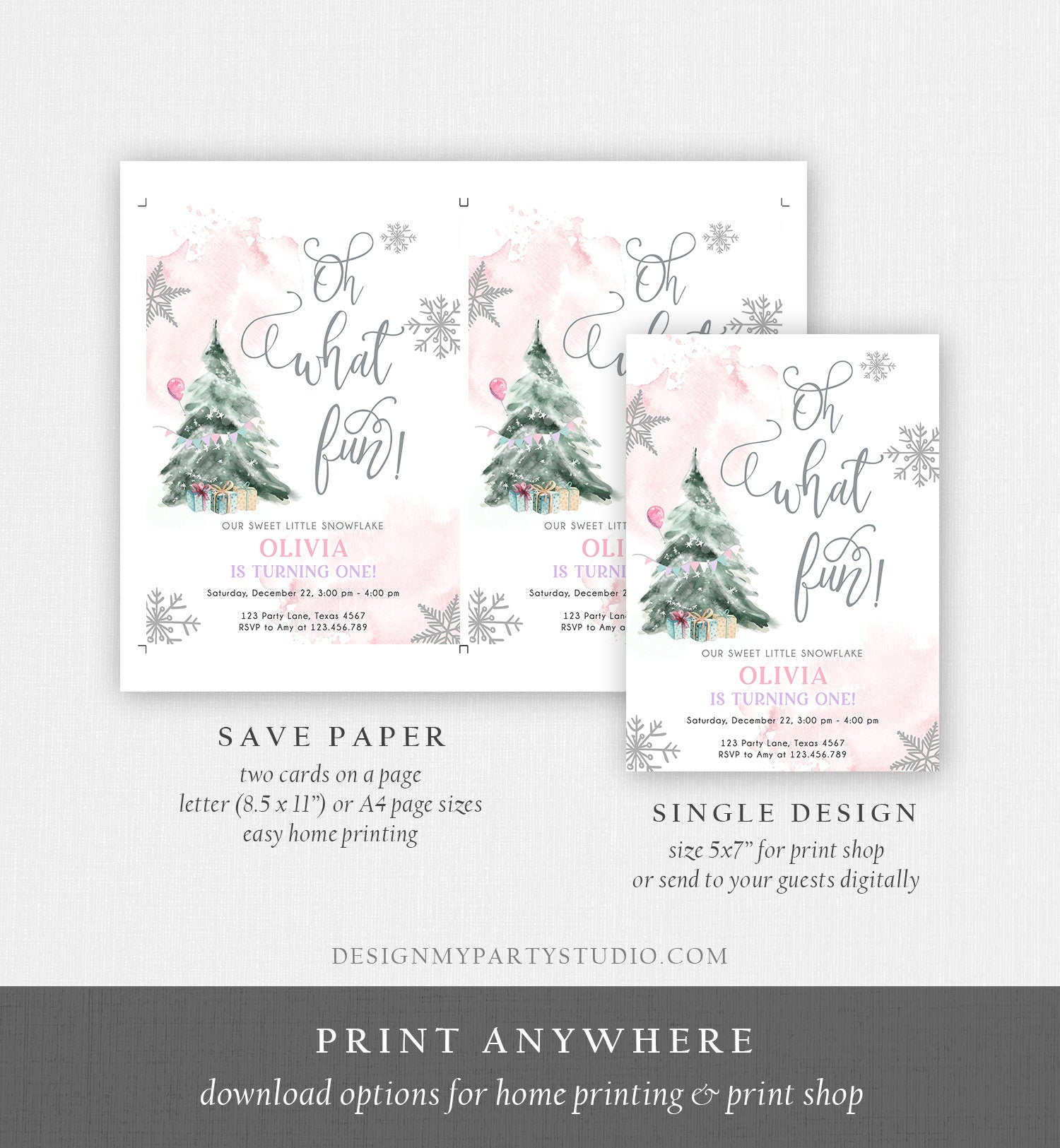 Editable Oh What Fun! Holiday 1st Winter Birthday Invitation Winter Christmas Party Winter Tree Girl Pink Silver Printable Template DIY 0363