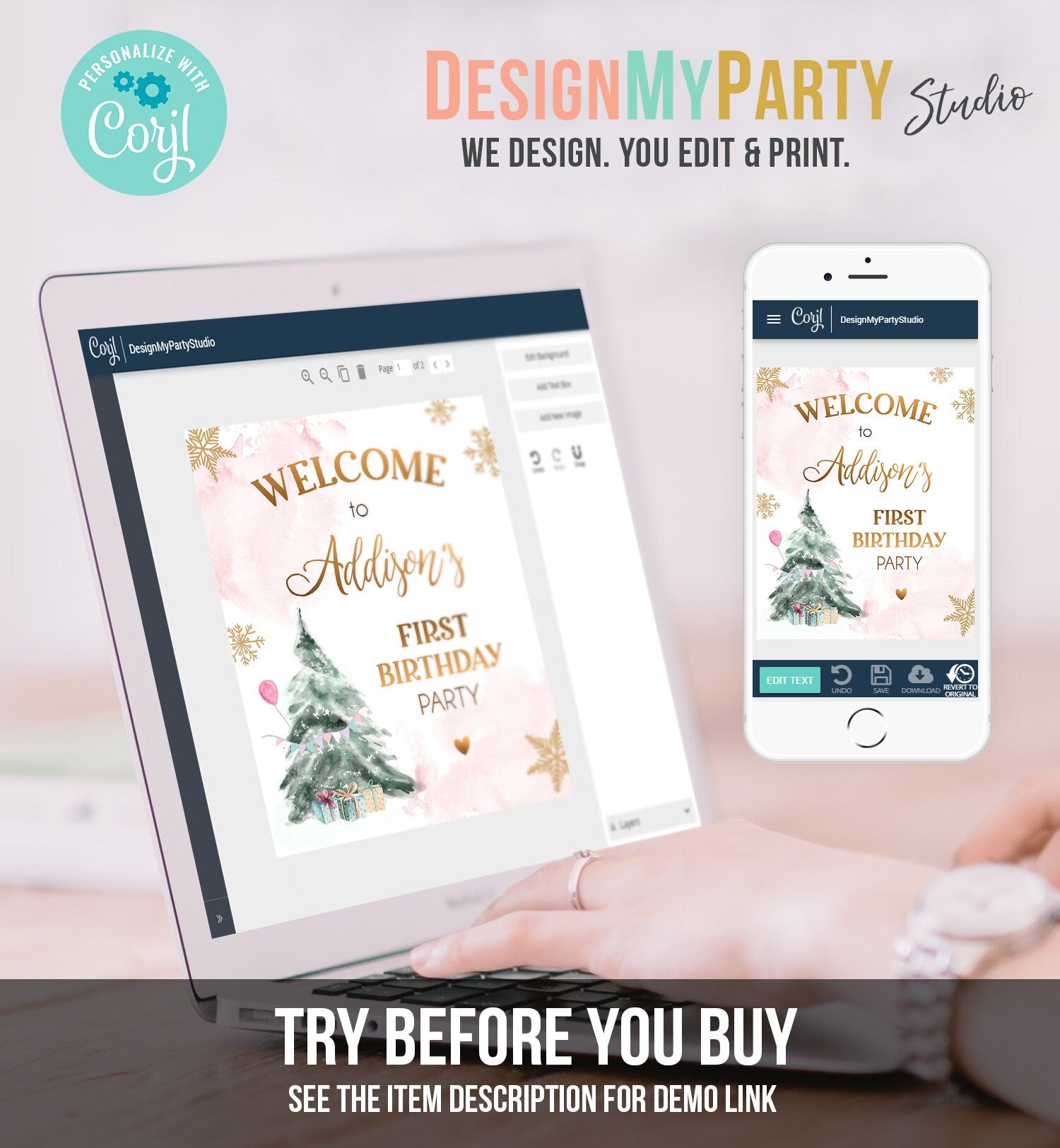 Editable Winter Onederland Welcome Sign Tree Watercolor First Birthday Girl Pink Snowflake Wonderland Digital Template Printable 0363