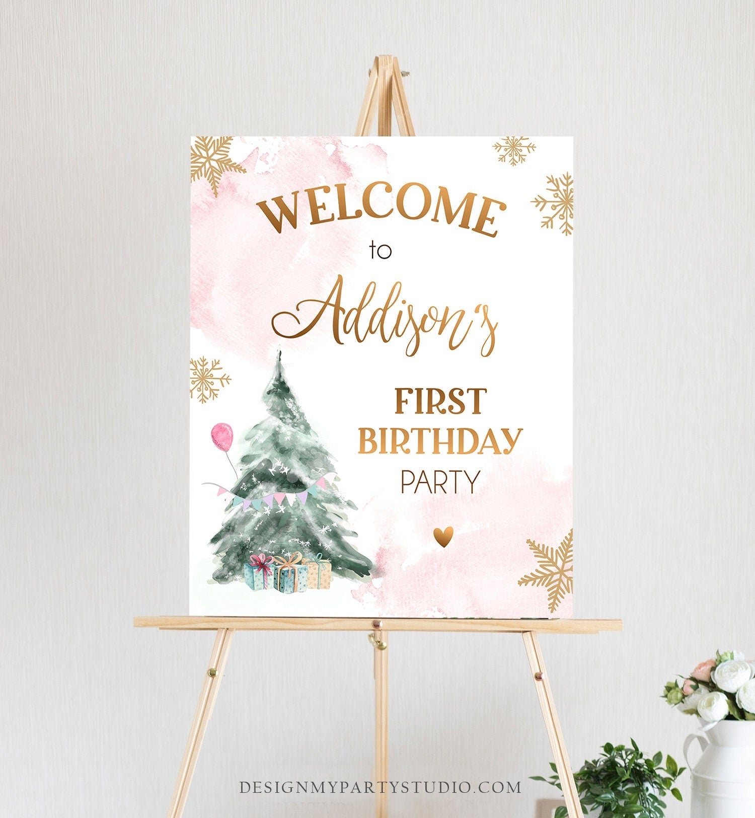 Editable Winter Onederland Welcome Sign Tree Watercolor First Birthday Girl Pink Snowflake Wonderland Digital Template Printable 0363