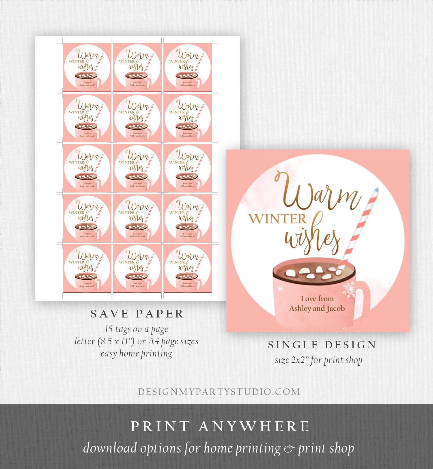 Editable Warm Wishes Tag Personalized Christmas Favors Tag Hot Cocoa Tag Holiday Gift Tag Hot Chocolate Tag Digital Template Printable 0353