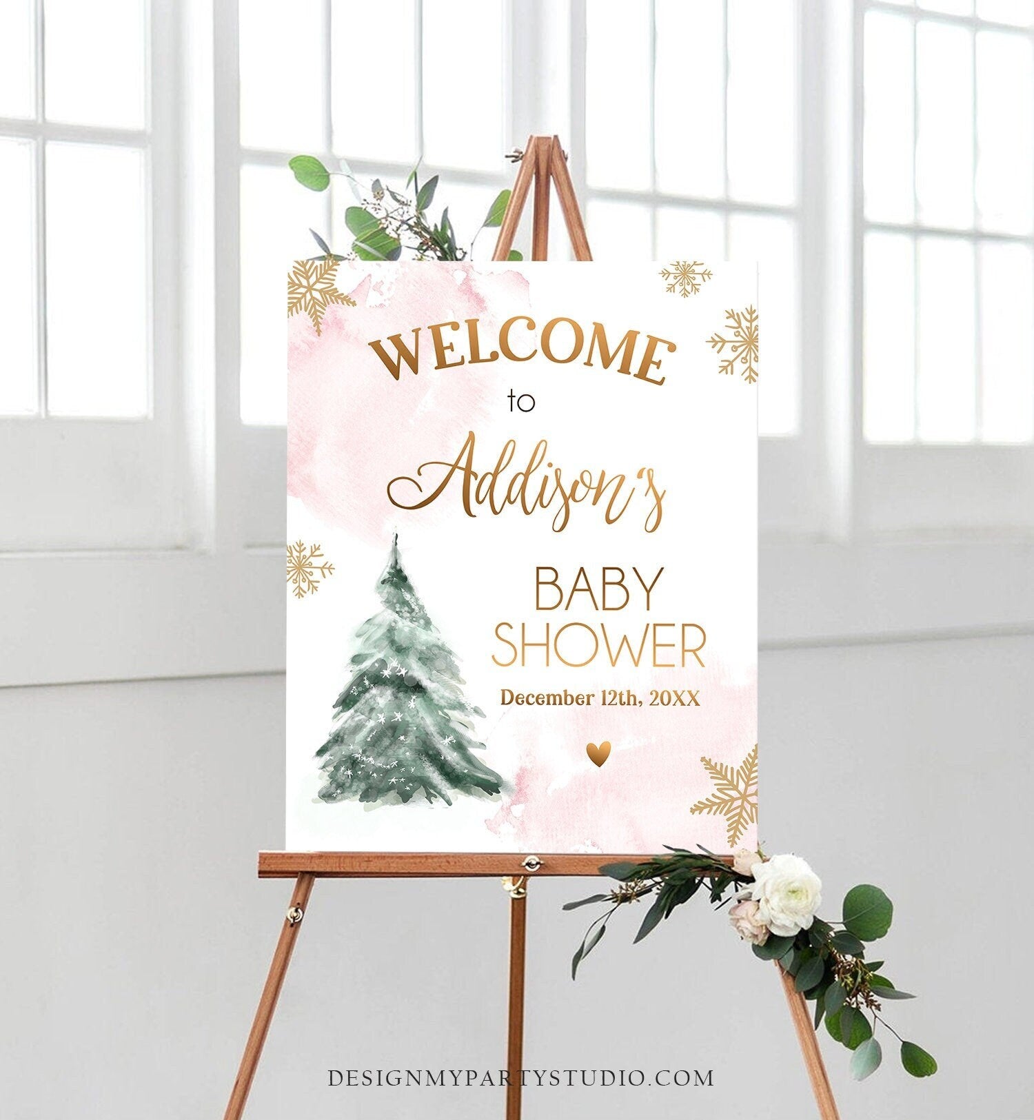 Editable Winter Tree Welcome Sign Tree Watercolor Baby Shower Girl Baby It's Cold Outside Snowflake Pink Gold Corjl Template Printable 0363