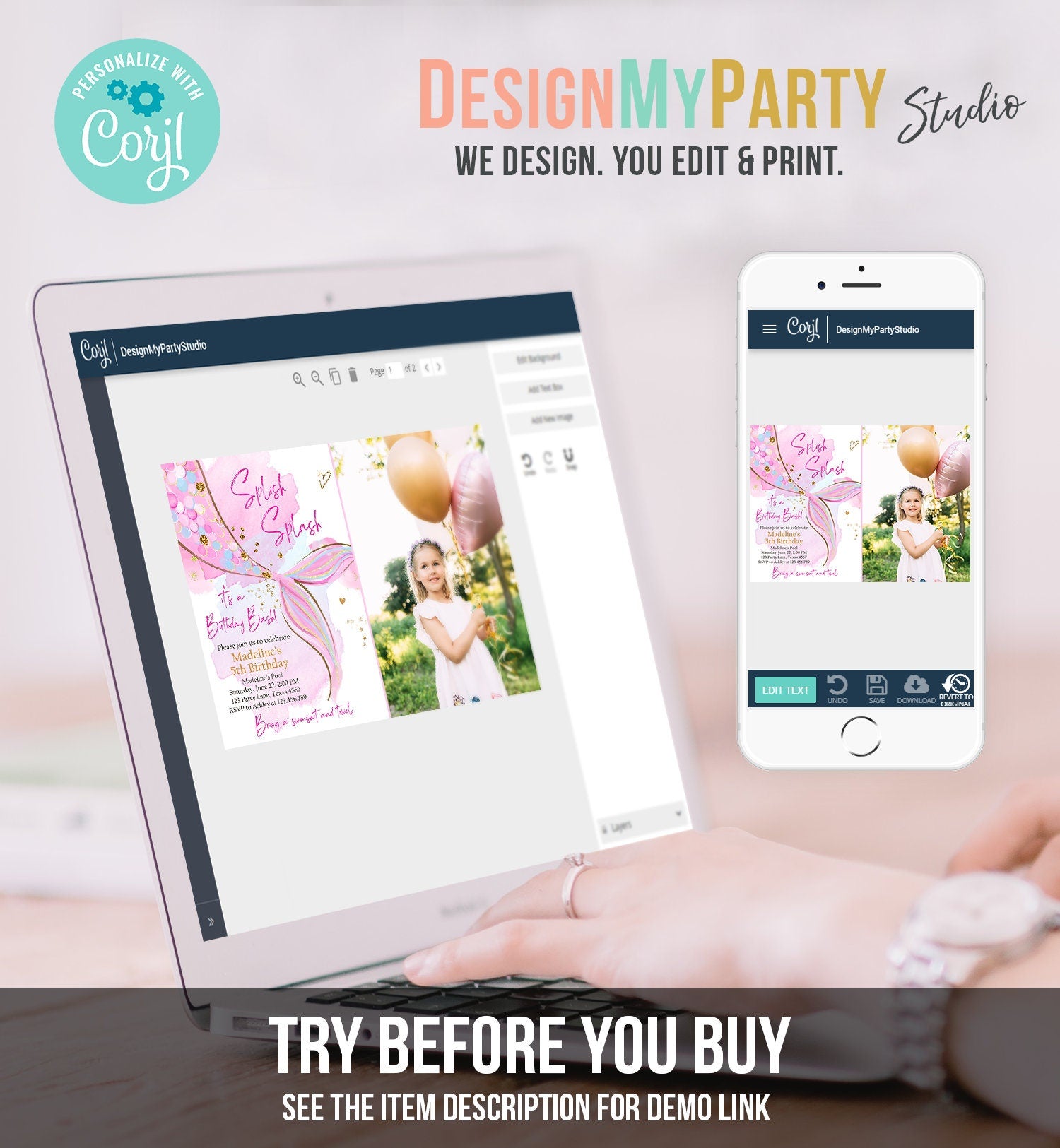 Editable Mermaid Birthday Party Invitation Girl Blush Pink Gold Mermaid Birthday Under The Sea Digital Download Template Printable 0403