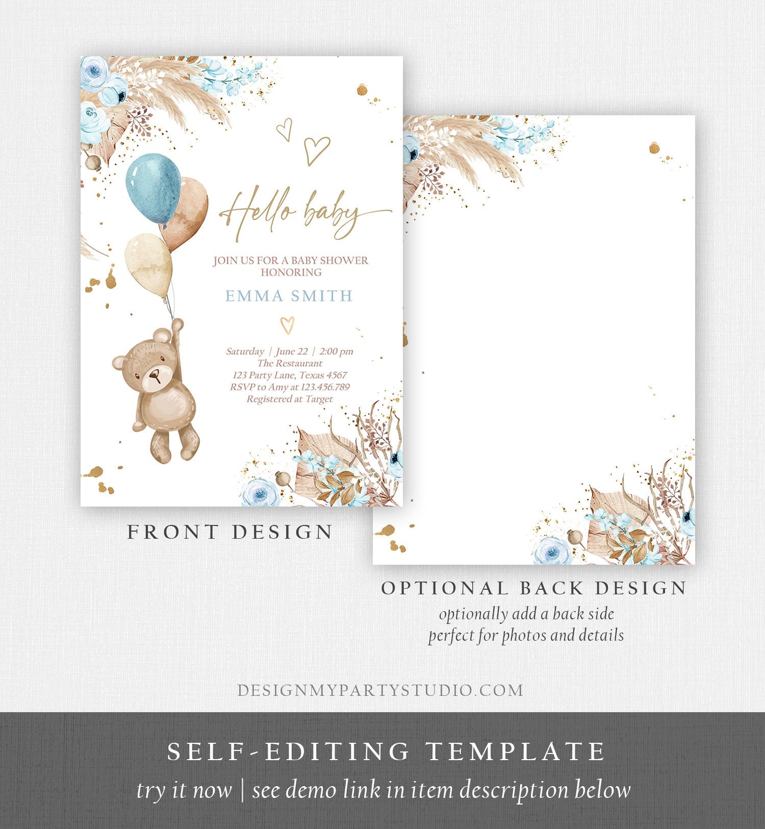 Editable Teddy Bear Baby Shower Invitation We can Bearly Wait Boy Blue Bohemian Pampas Grass Boho Digital Download Template Printable 0421