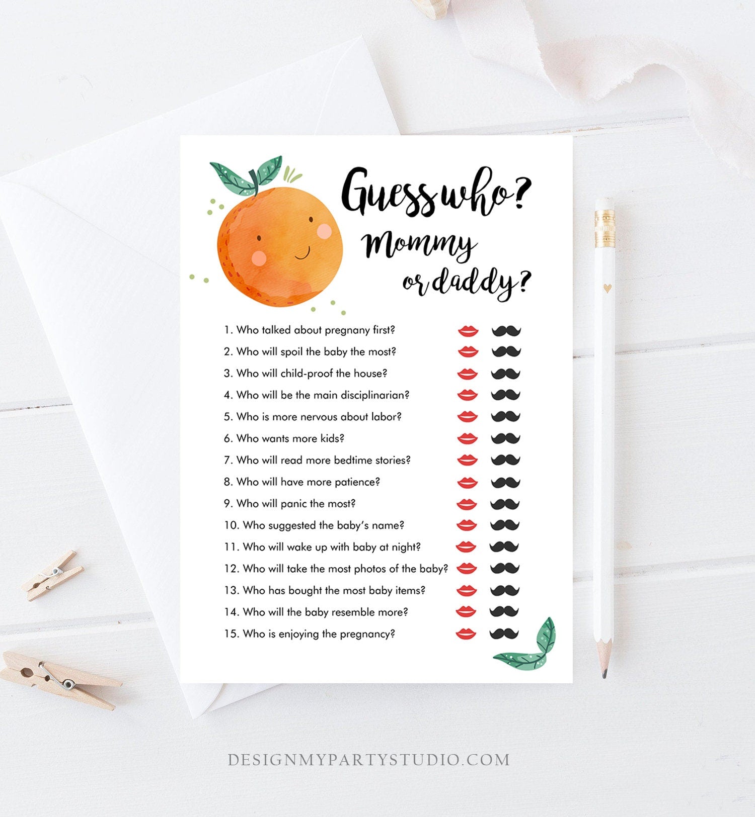 Editable Mommy or Daddy Guess Who Baby Shower Game Card Little Cutie Orange Clementine Guess Sprinkle Activity Download Template Corjl 0330