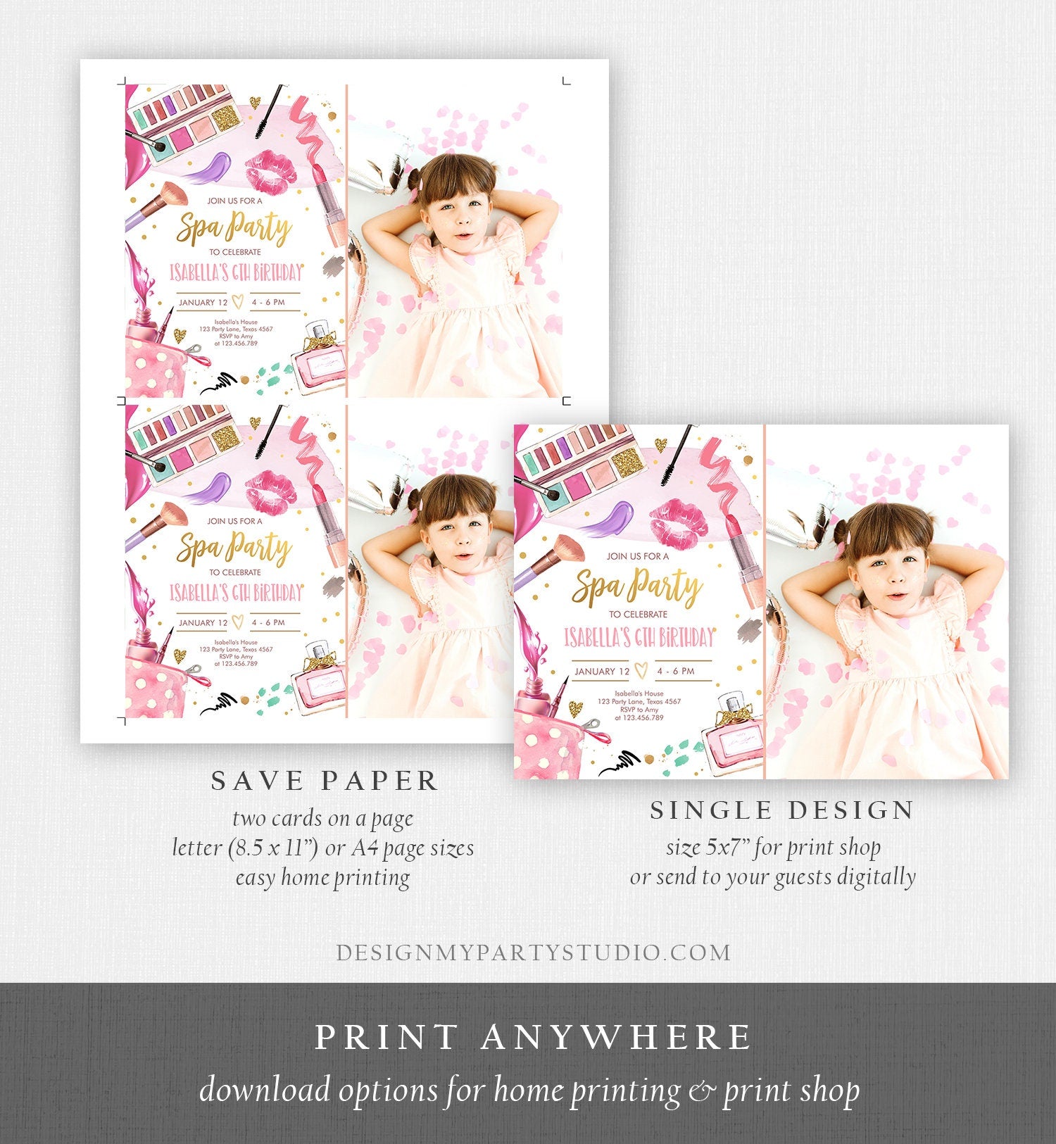 Editable Spa Birthday Invitation Party Glitters and Glamour Fashion Makeup Pink Gold Girl Digital Download Evite Template Printable 0420
