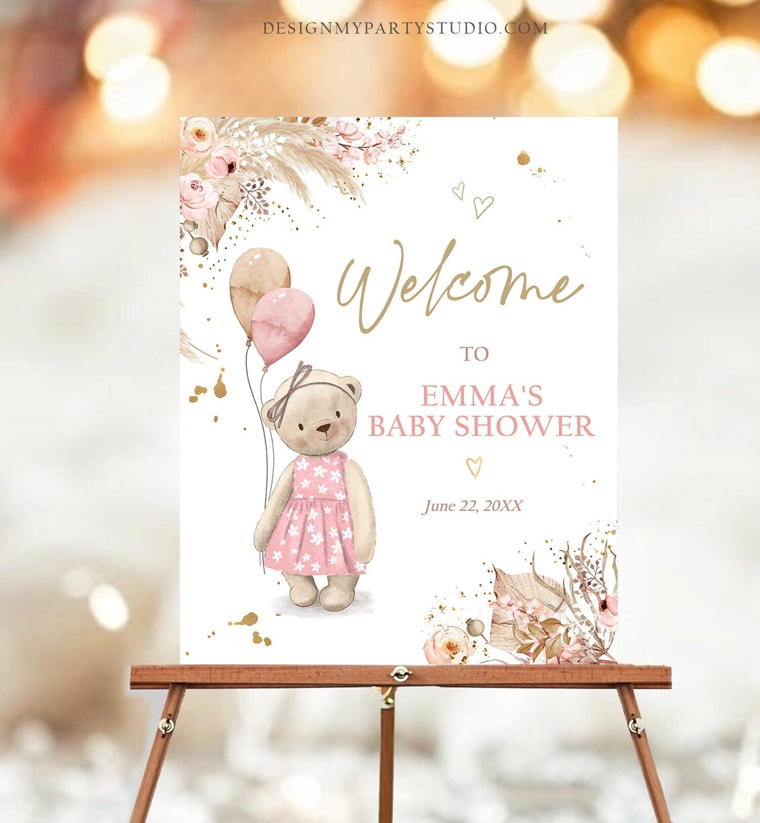 Editable Boho Teddy Bear Welcome Sign Bear Baby Shower Girl Bearly Wait Baby Shower Pampas Grass Bohemian Digital Template Printable 0421