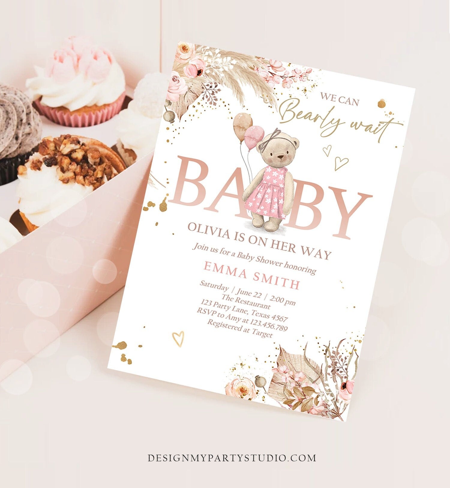 Editable Boho Bear Baby Shower Invitation Girl We can Bearly Wait Pampas Grass Teddy Bear Evite Template Digital Download Printable 0421
