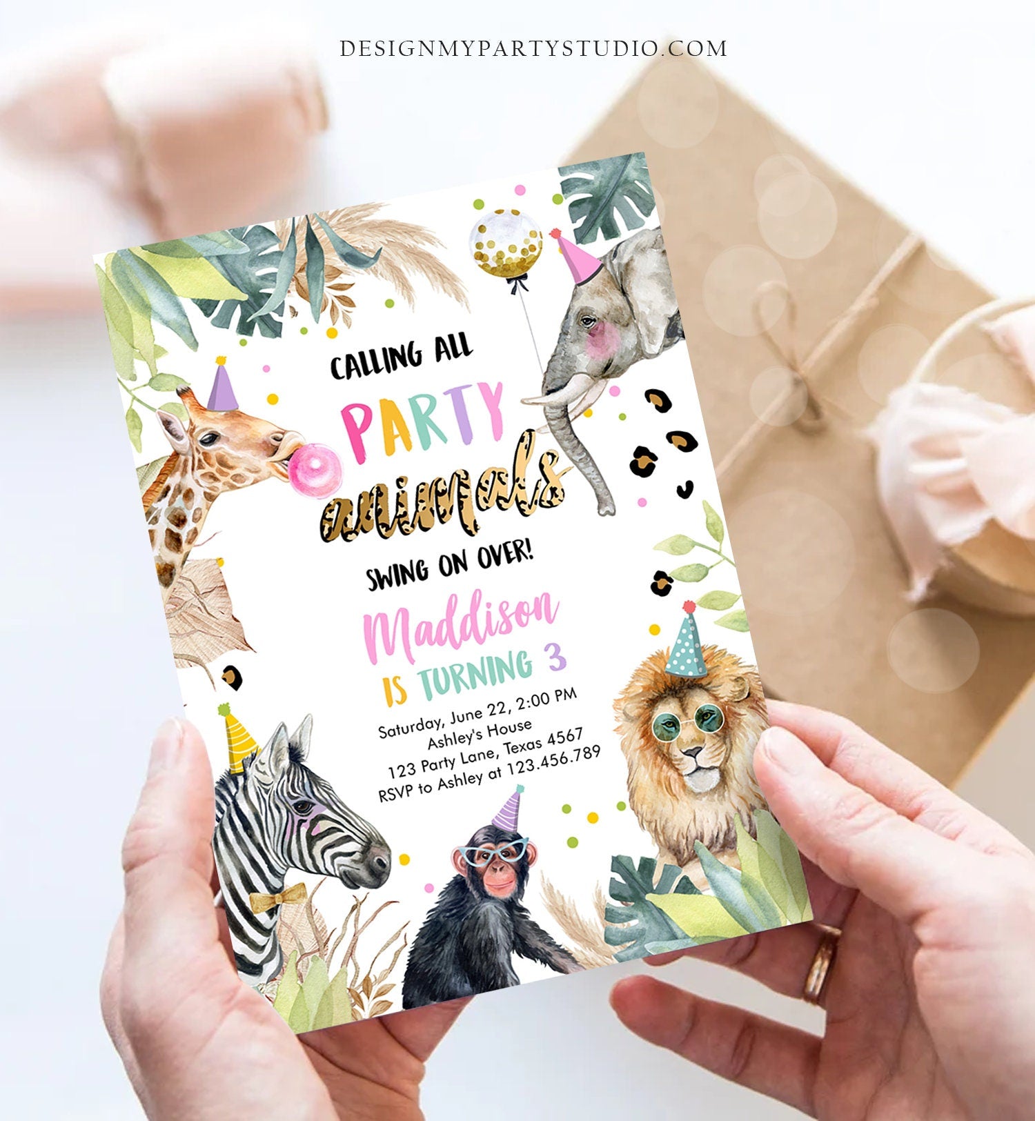 Editable Party Animals Birthday Invitation Leopard Print Safari Animals Zoo Birthday Party Girl Pink Download Printable Template Evite 0417