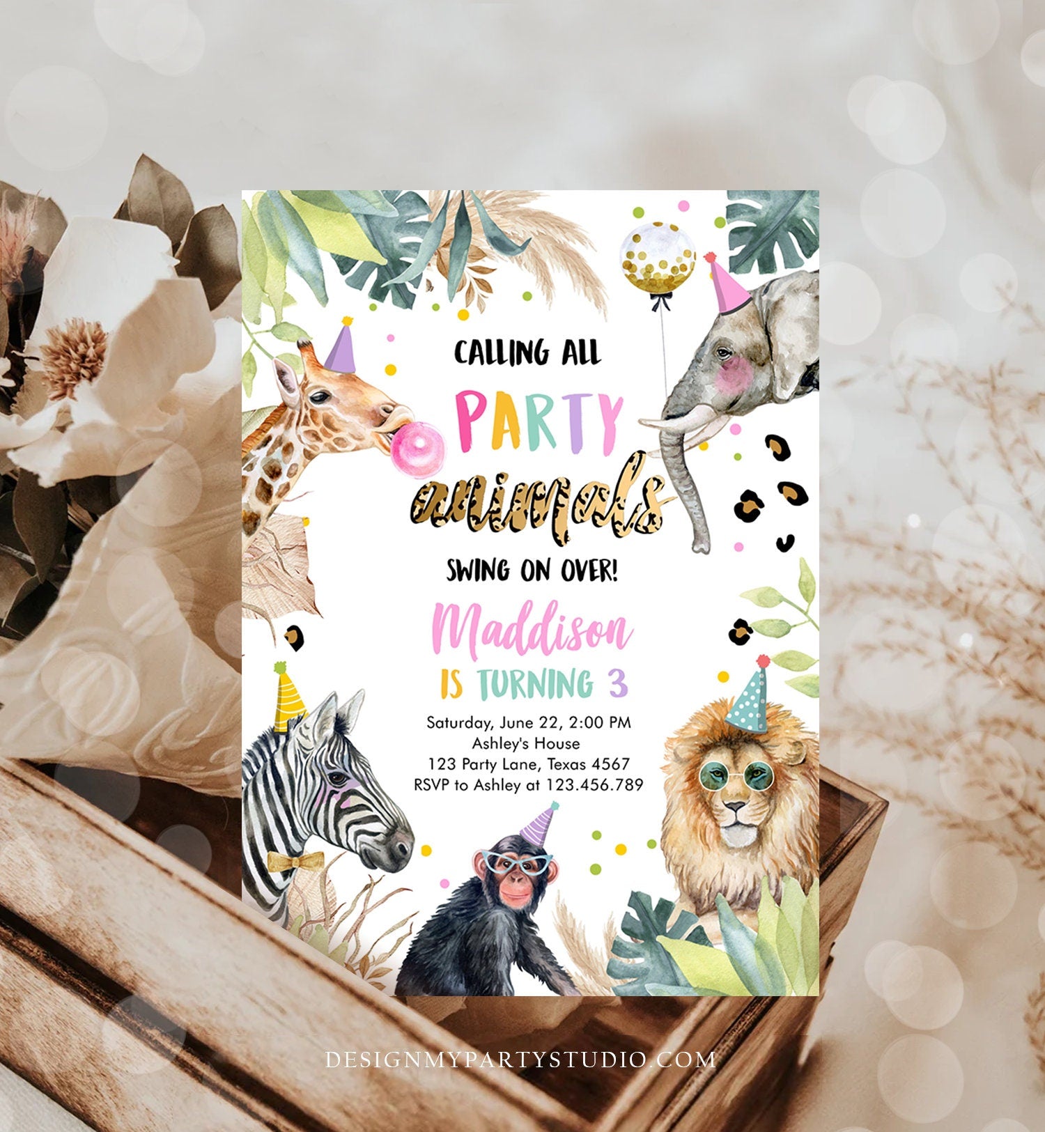 Editable Party Animals Birthday Invitation Leopard Print Safari Animals Zoo Birthday Party Girl Pink Download Printable Template Evite 0417