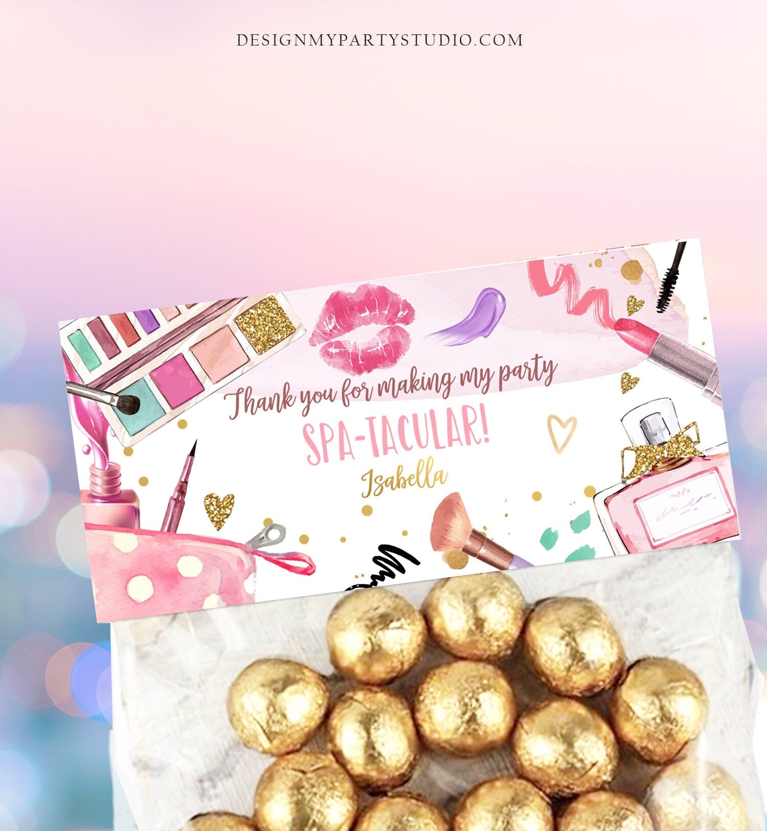 Editable Spa Party Treat Bag Toppers Spa Favor Bag Glitters and Glamour Favors Girl Birthday Favors Makeup Corjl Template Printable 0420