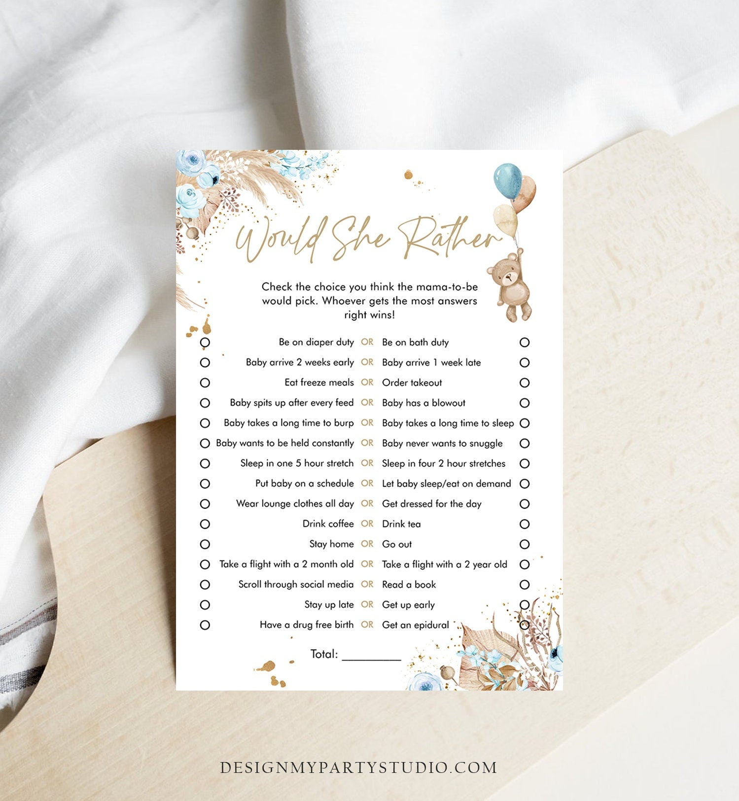Editable Would She Rather Baby Shower Game Teddy Bear Baby Shower Boho Boy Bearly Wait Pampas Grass Guess Digital Template Printable 0421