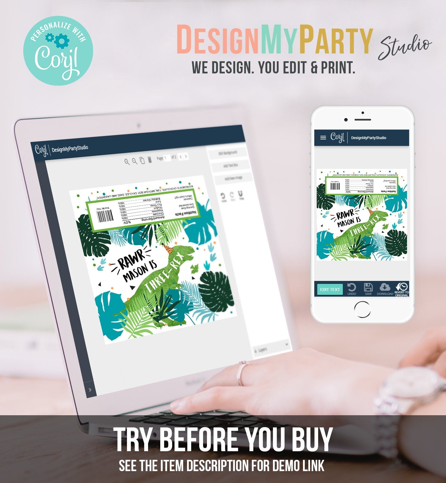 Editable Dinosaur Chocolate Bar Labels Candy Bar Wrapper Three Rex Birthday Blue Green T-Rex Dino Digital Download Template Printable 0389