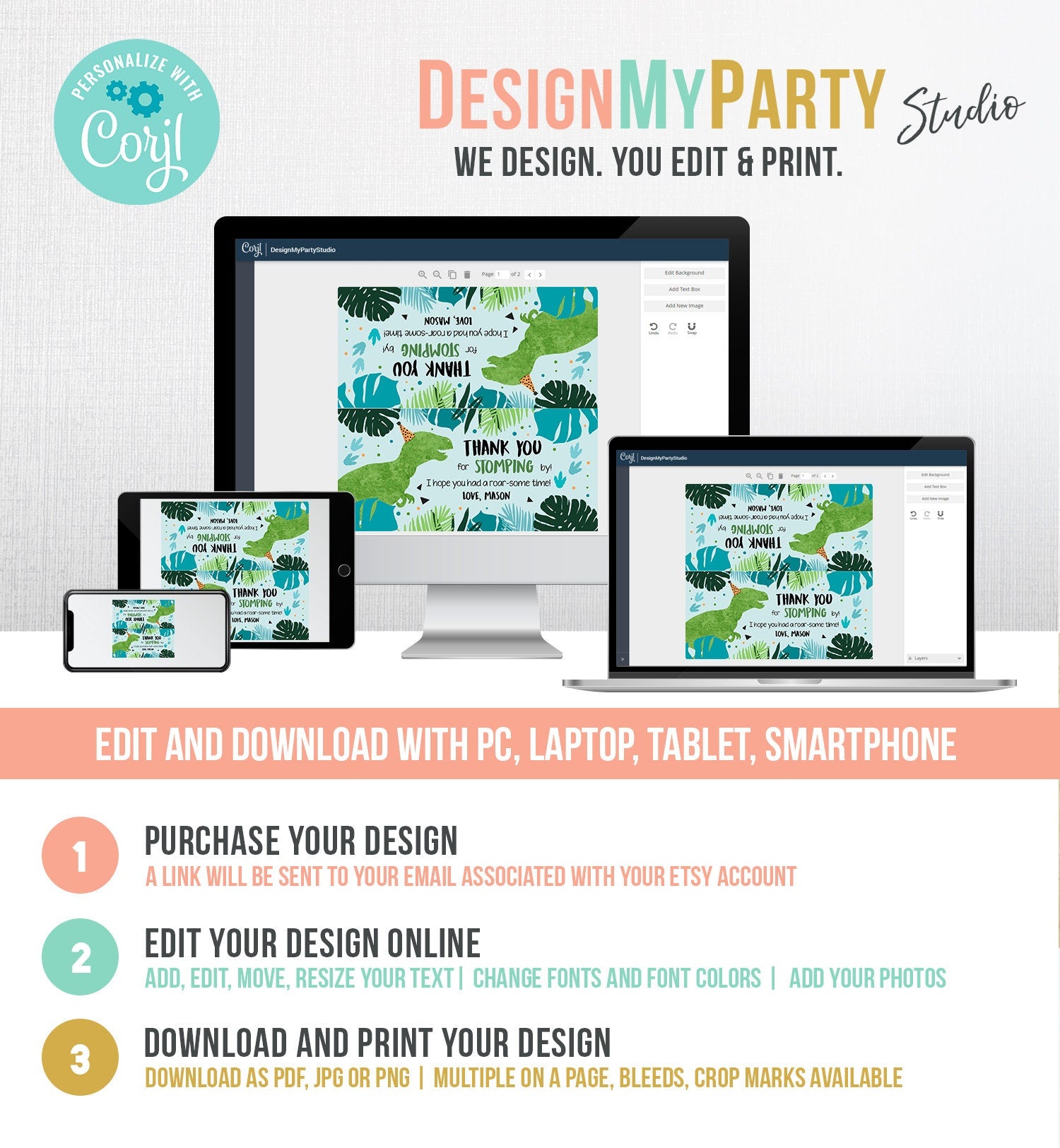 Editable Dinosaur Treat Bag Toppers Boy Dinosaur Birthday Party Thank You for Stomping By Three Rex Favor Digital Template Printable 0389