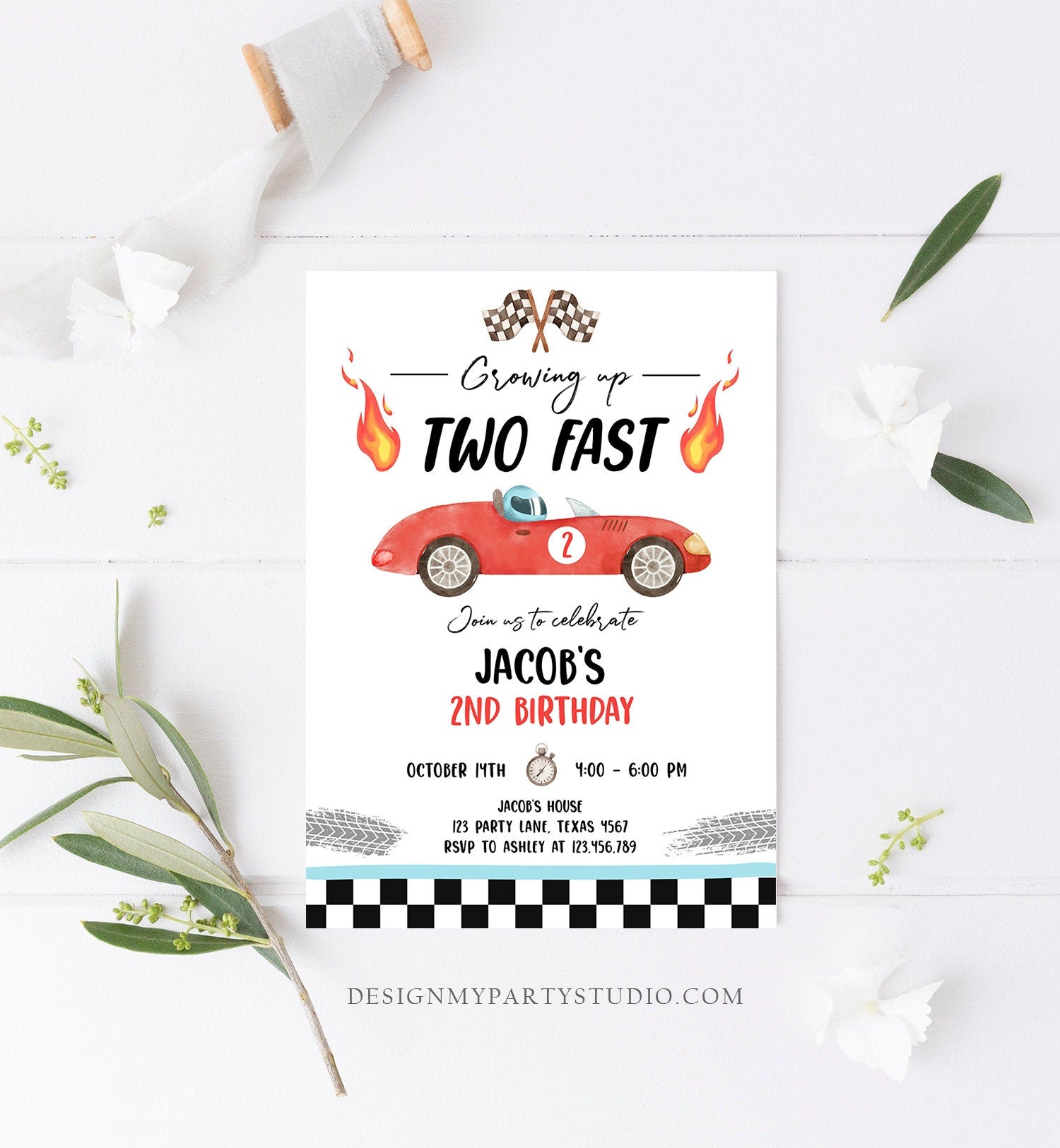 Editable Racing Car Birthday Invitation Growing Up Two Fast Invite Second Birthday 2nd Boy Download Printable Template Digital Corjl 0424