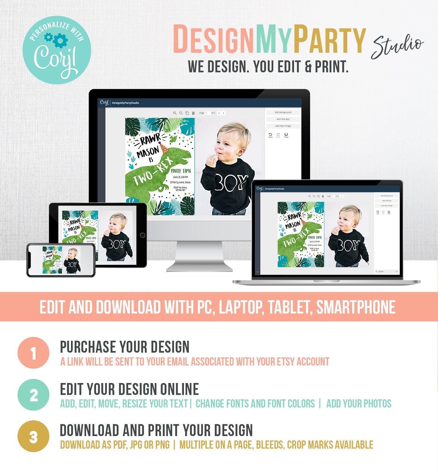 Editable Two-Rex Dinosaur Birthday Invitation Dino T-Rex Second Birthday 2nd RAWR Boy Green Blue Prehistoric Digital Template Printable 0389