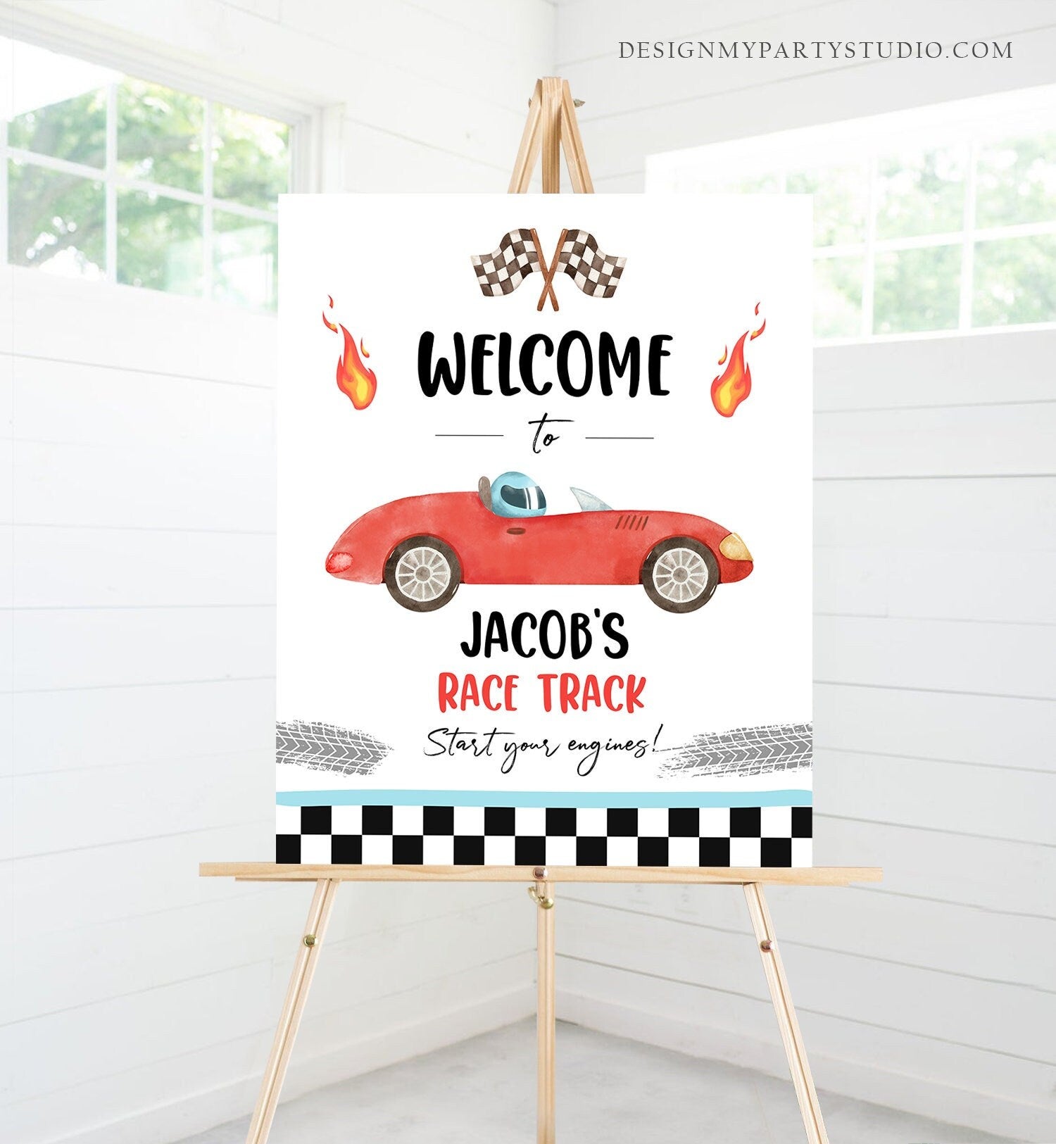 Editable Racing Birthday Welcome Sign Race Car Birthday Sign Growing Up Two Fast 2nd Birthday Red Boy Decor Template Corjl PRINTABLE 0424
