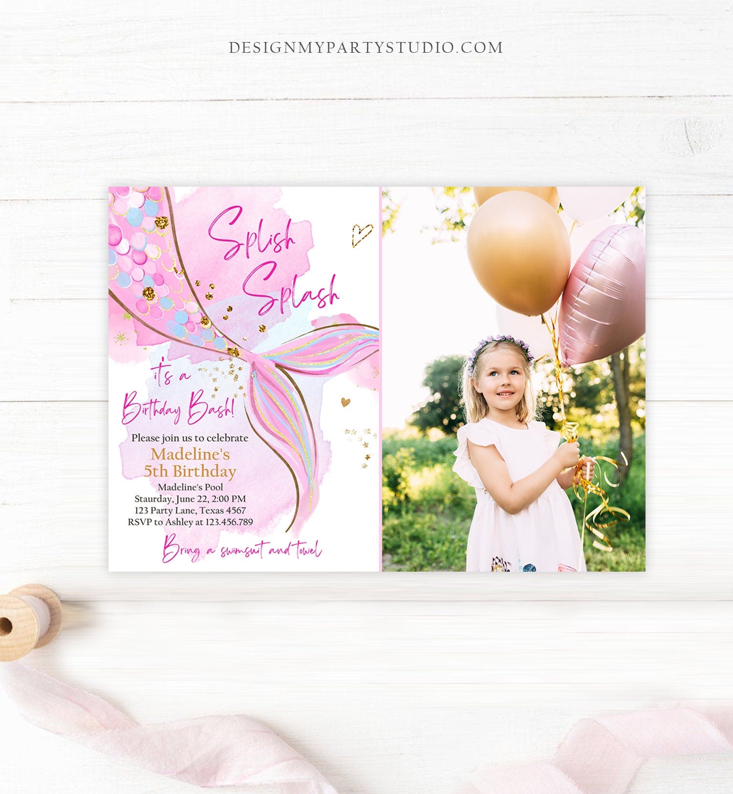 Editable Mermaid Birthday Party Invitation Girl Blush Pink Gold Mermaid Birthday Under The Sea Digital Download Template Printable 0403