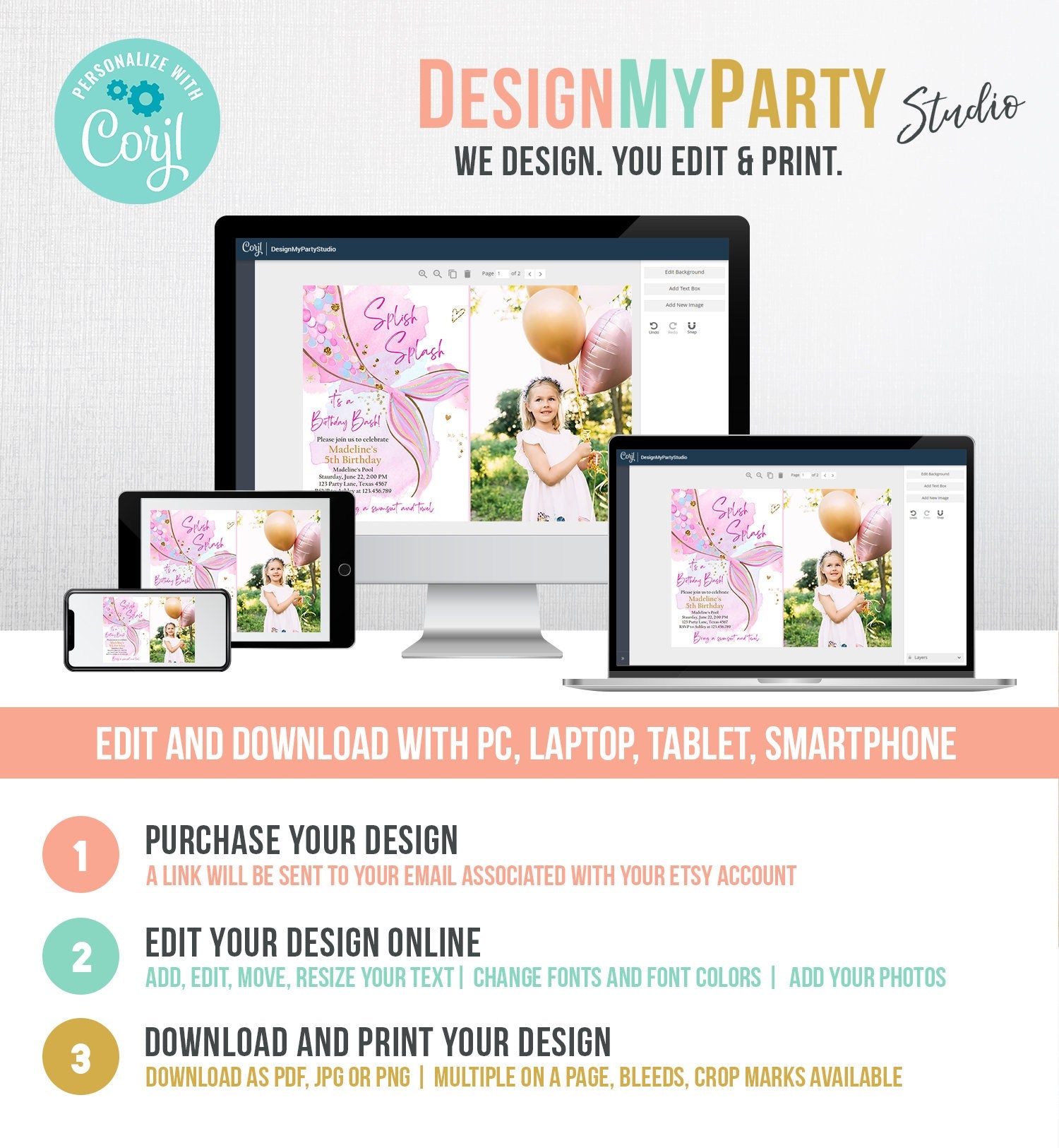 Editable Mermaid Birthday Party Invitation Girl Blush Pink Gold Mermaid Birthday Under The Sea Digital Download Template Printable 0403