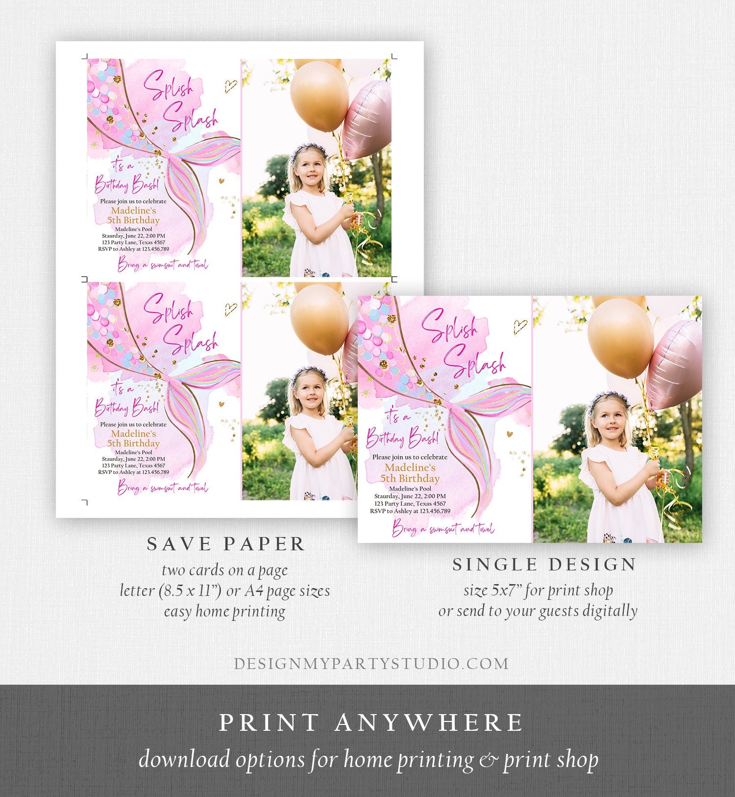 Editable Mermaid Birthday Party Invitation Girl Blush Pink Gold Mermaid Birthday Under The Sea Digital Download Template Printable 0403