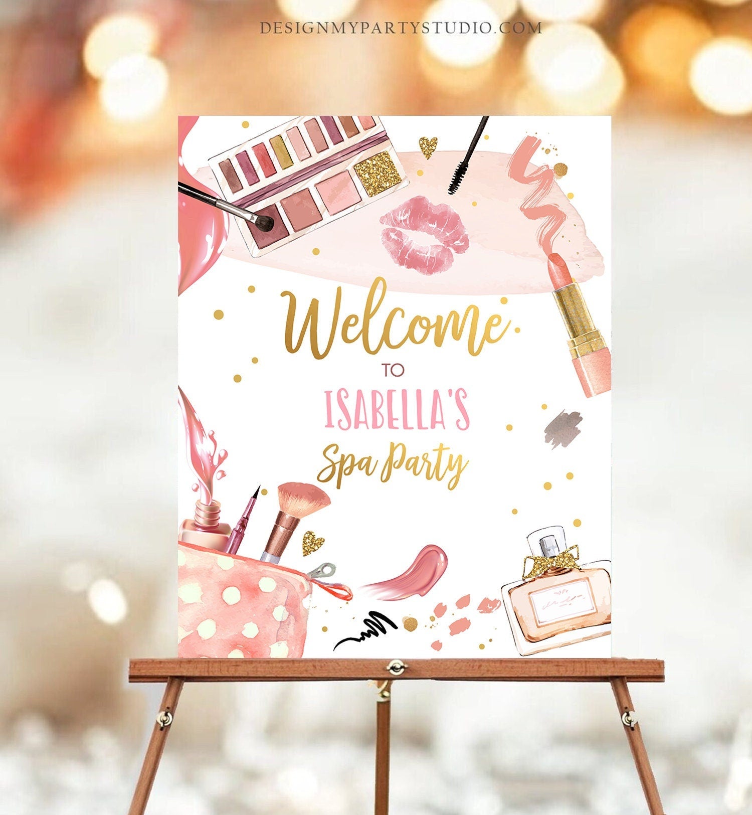 Editable Spa Party Birthday Welcome Sign Glamour Party Spa Birthday Poster Decor Girl Pink Gold Makeup Party Template Digital Printable 0420