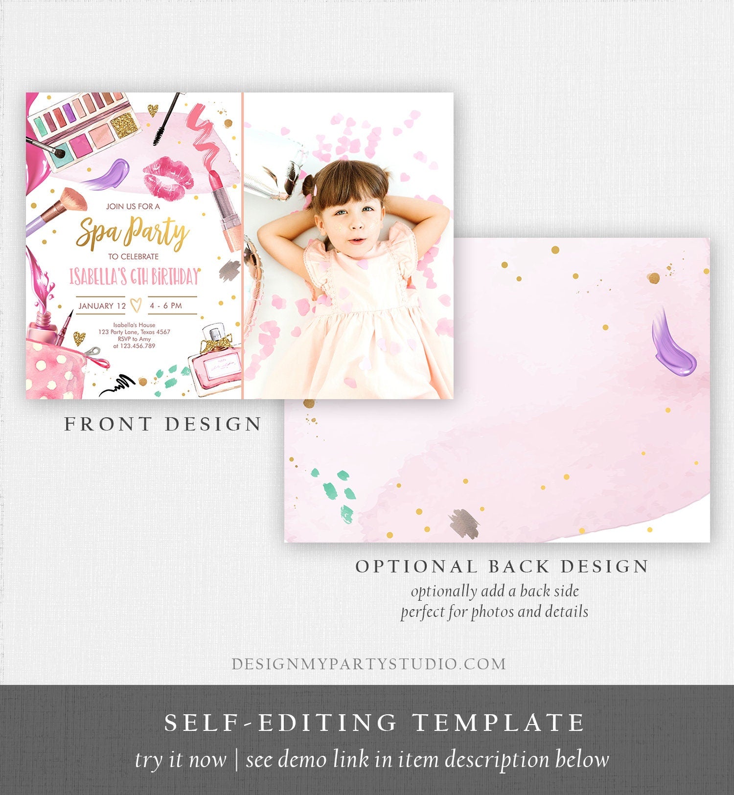 Editable Spa Birthday Invitation Party Glitters and Glamour Fashion Makeup Pink Gold Girl Digital Download Evite Template Printable 0420
